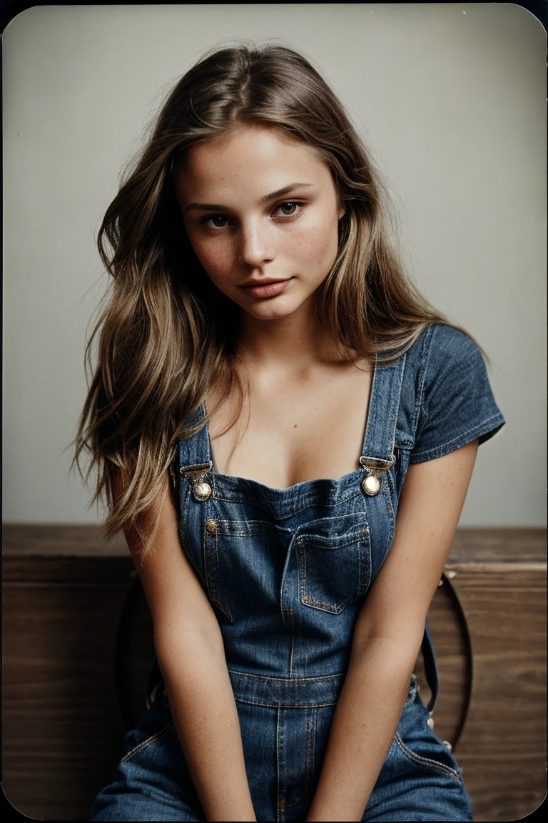 photo of fit (br1dh4ll-135:0.99), a beautiful woman, perfect blonde hair, smiling, (vintage photo), (tintype), (Dark Brown denim overalls and tight top), closeup portrait, 85mm, (analog, cinematic, film grain:1.3), (A sleek, minimalistic white studio:1.2), detailed eyes, seductive pose, (epicPhoto), (looking at viewer:1.1), (cinematic shot:1.3), (natural lighting, lit from above)