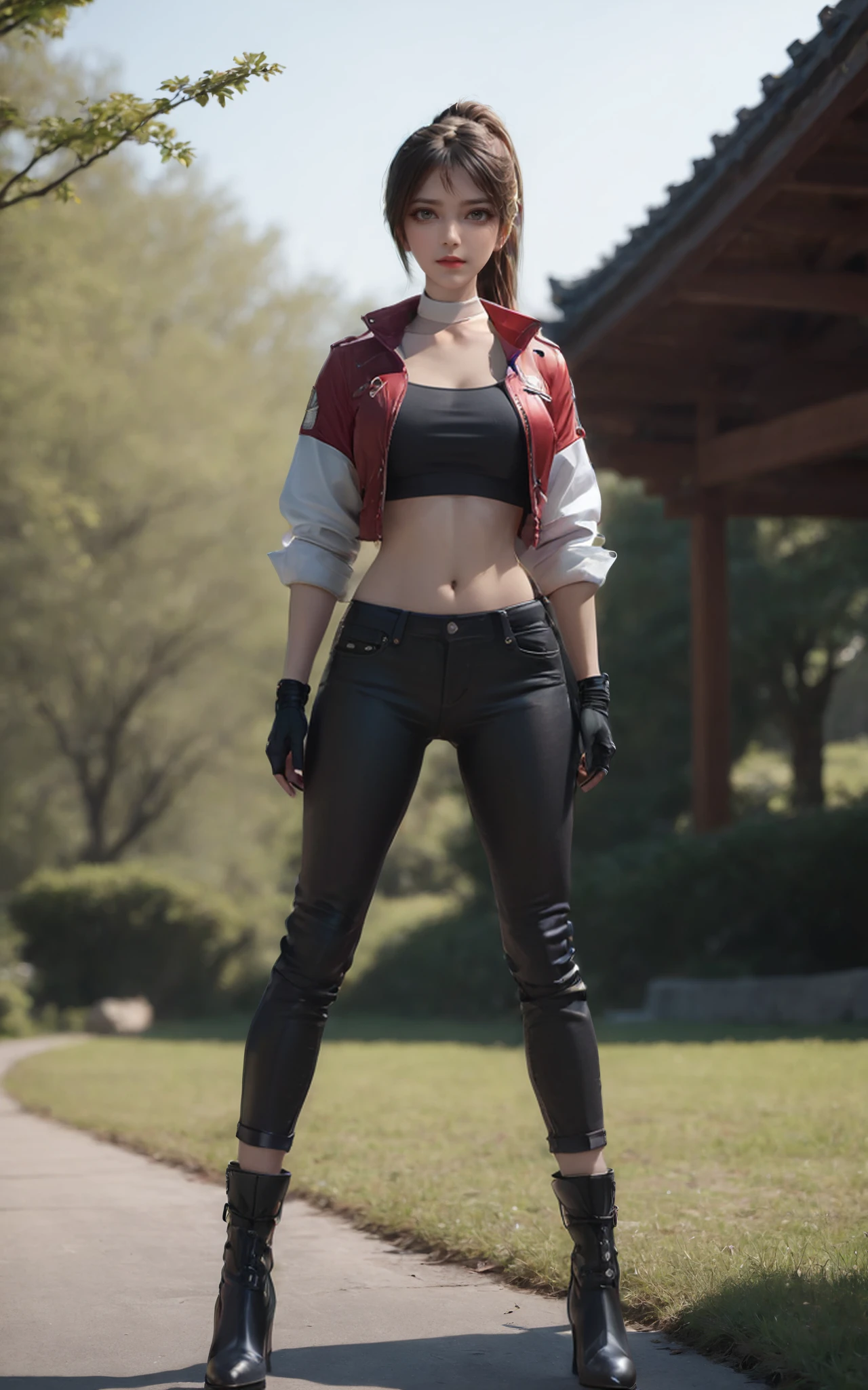 baiyuekui,solo,outdoors,full body,looking at viewer,sexy,pose,sexy pose,
((white choker,white sleeves)),ponytail,boots,fingerless gloves,(black crop top),black pants,red jacket,short jacket,
(((lowleg pants,ultra-low rise pants,long legs,slim legs,lower belly))),navel,midriff,stomach,large breasts,ultra narrow waist,wasp waist,wide hips,
(photorealistic:1.4)(masterpiece,best quality,ultra detailed,highres,absurdres:1.2),
<lora:neg4all_bdsqlsz_xl_V7:1.4>,<lora:ybaiyuekui_V2:0.65>,