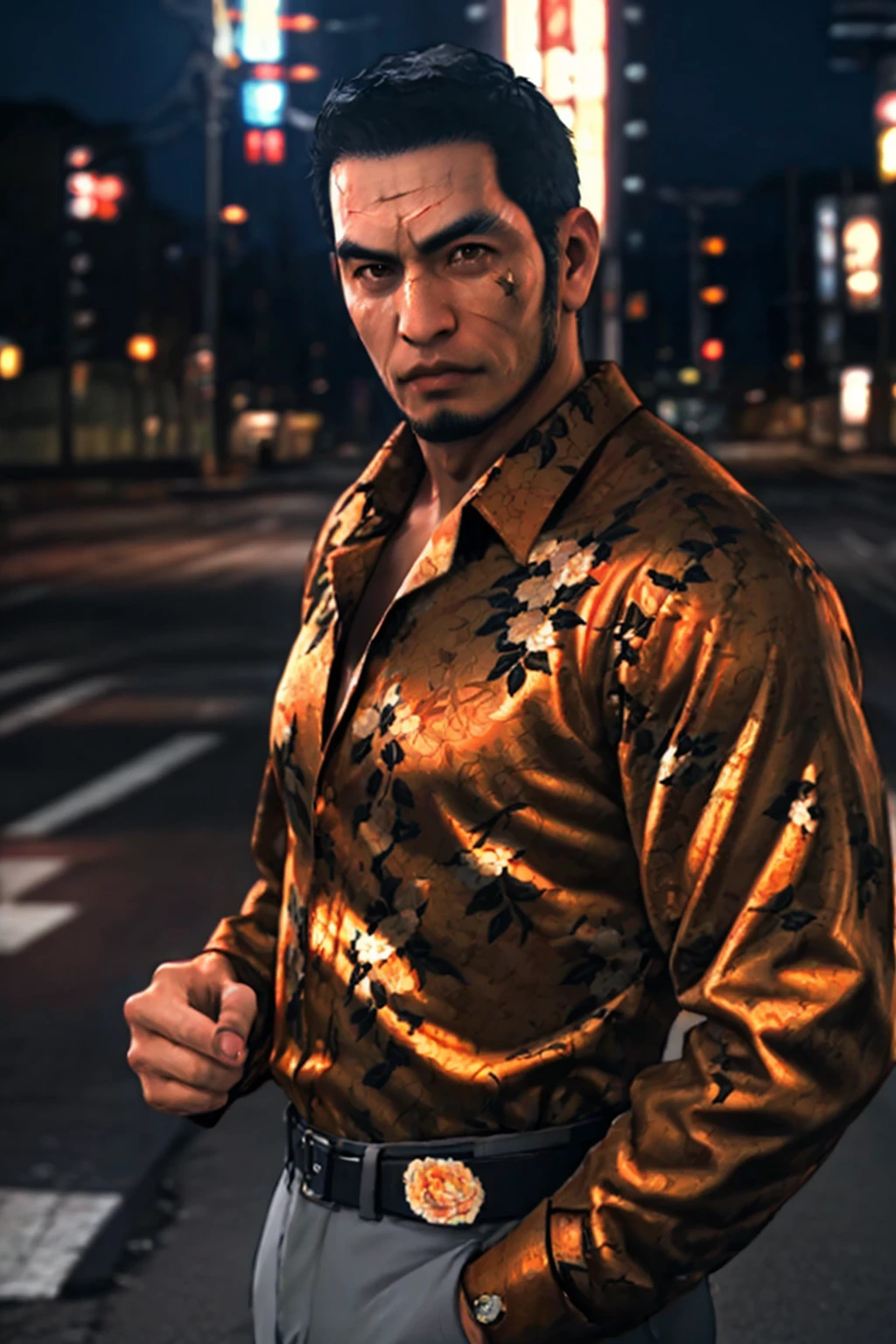 (1 image only),  solo male,  1boy,  Masaharu Kaito,  Yakuza,  38 years old,  Asian,  Japanese,  brown eyes,  black hair,  short hair,  cropped black hair,  chinstrap beard,  small scar cuts through left eyebrow,  handsome,  orange and yellow and black floral silk button down shirt,  fit shirt,  light grey dress pants,  black slip-on leather loafers,  fit body,  mature,  manly,  hunk,  masculine,  virile,  confidence,  charming,  alluring,  upper body in frame,  night at Kabukicho Tokyo,  perfect anatomy,  perfect proportions,  8k,  HQ,  (best quality:1.5,  hyperrealistic:1.5,  photorealistic:1.4,  madly detailed CG unity 8k wallpaper:1.5,  masterpiece:1.3,  madly detailed photo:1.2),  (hyper-realistic lifelike texture:1.4,  realistic eyes:1.2),  high_resolution,  picture-perfect face,  perfect eye pupil,  detailed eyes,  perfecteyes,  perfecteyes,  dutch angle,<lora:EMS-498-EMS:0.400000>,<lora:EMS-284837-EMS:0.700000>