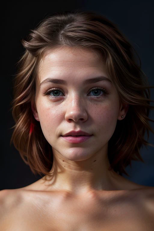 young brunette woman, Sophia Lillis, extra pale skin, freckles, dramatic lighting with shadows, eyeshadow and eyeliner, dark lipstick, naked