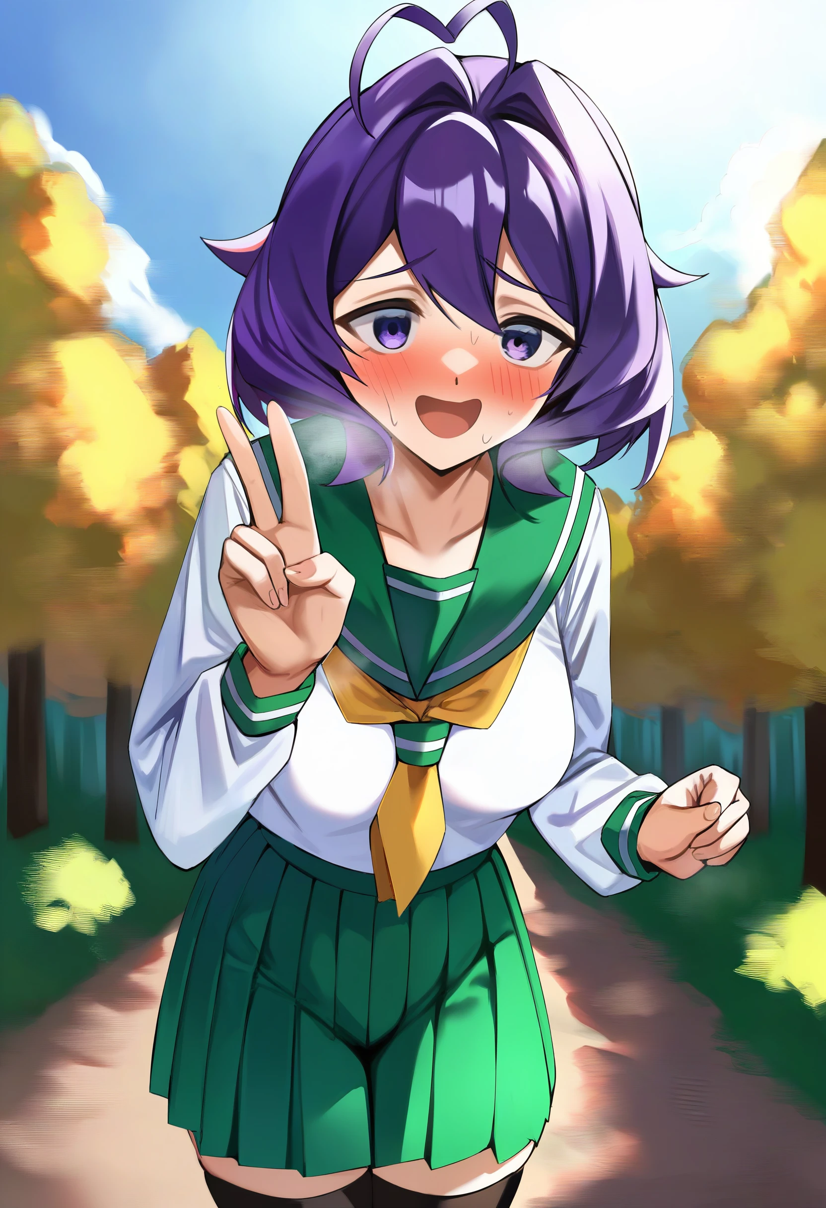score_9, hiiragi_utena, 1girl, solo, blush, school uniform, ahoge, medium breasts, outdoors, forest, black thighhighs, green sailor collar, short hair, serafuku, pleated skirt, green skirt, purple hair, white shirt, standing, v, heavy_breathing, excited <lora:Hiiragi_Utena-school_uniform-XL-pony:0.6>