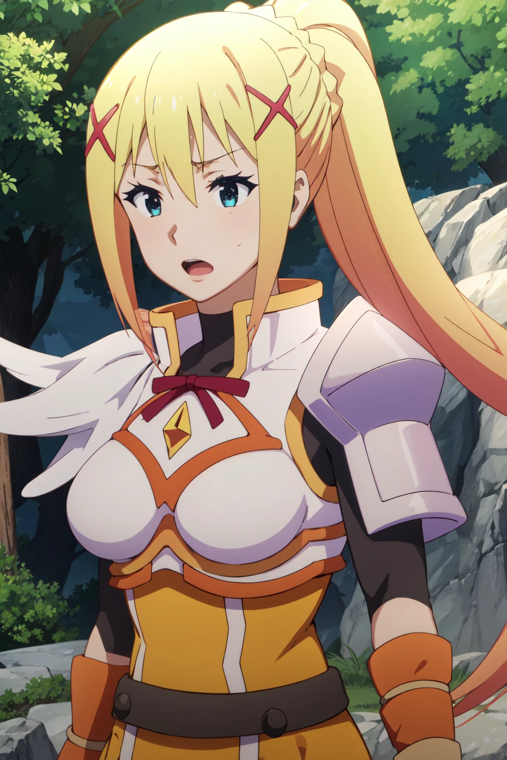 1boy in,Clothed,nsfw,(((1girl,1boy,sex from behind ,vaginal ))),Lalatina Dusty Nesford, Lalatina Dustines Ford, darkness \(KonoSuba\), Long Hair, (Green Eyes:1.3), Blonde, hair ornaments, ponytail, Braiding, x hair ornaments,glowing eyes,detailed eyes,
break gloves, armor, Bodysuits, shoulder armor, armored dress,white lace panties,
break outdoor, forest, nature, wood, village, null, sun, cloud,
break looking at viewer, ,masterpiece ,8k unity wallpaper,anime key visual,highest quality, High resolution, unity 8k wallpaper, (shape:0.8), highly detailed face, shiny skin,fine skin,white skin,dense skin,detailed hair,highly detailed legs,perfect lighting, Detailed CG, (perfect hands, perfect anatomy),High resolution,(Detailed wear ),slender limbs, delicate curves, dainty hands,figure:0.8,