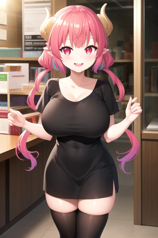 ((masterpiece)),(best quality),official art,extremely detailed CG,unity 8k wallpaper,ultra detailed,beautiful detailed eyes,extremely detailed face,office,1girl,solo,cowboy shot,looking at viewer,facing viewer,smile,dragon girl,dragon horns,shortstack,very long hair,multicolored hair,red hair,pink hair,twintails,sidelocks,bangs,pointy ears,slit pupils,red eyes,collarbone,black dress,short sleeves,huge breasts,zettai ryouiki,black thighhighs,red footwear,<lora:Iruru(kscnm)>,