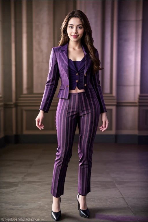 ((Masterpiece, best quality, cinematic lighting, 8k, full body shot, long hair, hour glass body)), (smile:0.85), (realistic background:1.2)
<lora:Striped_Office_Dress_By_Stable_Yogi:1>
purple striped jacket, pants, high heels