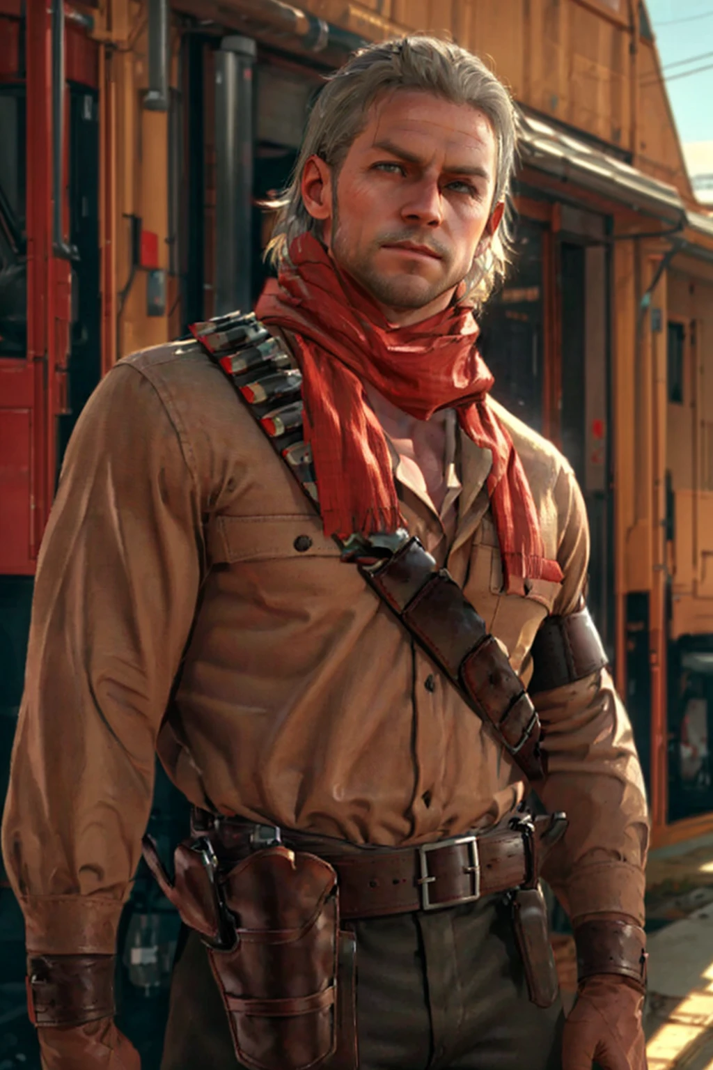 1boy,  solo,  Revolver Ocelot,  Metal Gear Solid,  40 years old,  grey eyes,  white hair,  stubble,  red linen scarf,  utility shirt,  long sleeves,  dark brown canvas pants,  knee-high cowboy boots with spurs,  red gloves,  brown leather bandolier,  belt,  holster,  handsome,  mature,  masculine,  virile,  confidence,  charming,  alluring,  upper body in frame,  (Afghanistan desert),  sky,  perfect anatomy,  perfect proportions,  8k,  HQ,  (best quality:1.5,  hyperrealistic:1.5,  photorealistic:1.4,  madly detailed CG unity 8k wallpaper:1.5,  masterpiece:1.3,  madly detailed photo:1.2),  (hyper-realistic lifelike texture:1.4,  realistic eyes:1.2),  high_resolution,  picture-perfect face,  perfect eye pupil,  detailed eyes,  perfecteyes,  perfecteyes,  dutch angle,  dynamic,<lora:EMS-498-EMS:0.400000>,<lora:EMS-285147-EMS:0.800000>