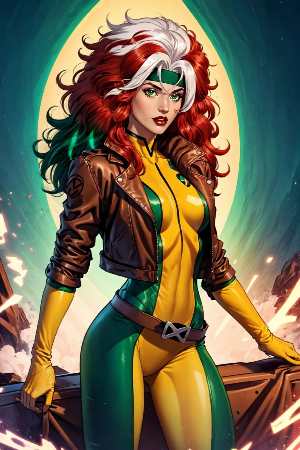 clsscrgedsk, 1 girl, long hair, 1 boy, jacket, White hair, Red hair, multicoloRed hair, belt, two tone hair, bodysuit, draw up, headband, a parody, pomade, sleeves rolled up, Dyed bangs, multicolored bodysuit, green bodysuit, yellow bodysuit, masterpiece, Best quality , official art ,