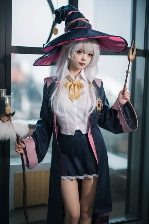 ltra-detailed,highly detailed,best quality,masterpiece,illustration,realistic,photorealistic,
elaina, witch, wizard, elaina \(majo no tabitabi\), cosplay, 1girl, solo,
open robe, collared shirt, long sleeves, wide sleeves, pleated skirt, witch hat, bowtie, frilled skirt,
jewelry, badge,
long hair, bangs, hair between eyes, grey hair, hair ribbon, hair bow,
holding wand, looking at viewer, cowboy shot, standing,
indoors, window, day,
<lora:elaina_v1_06:0.9>