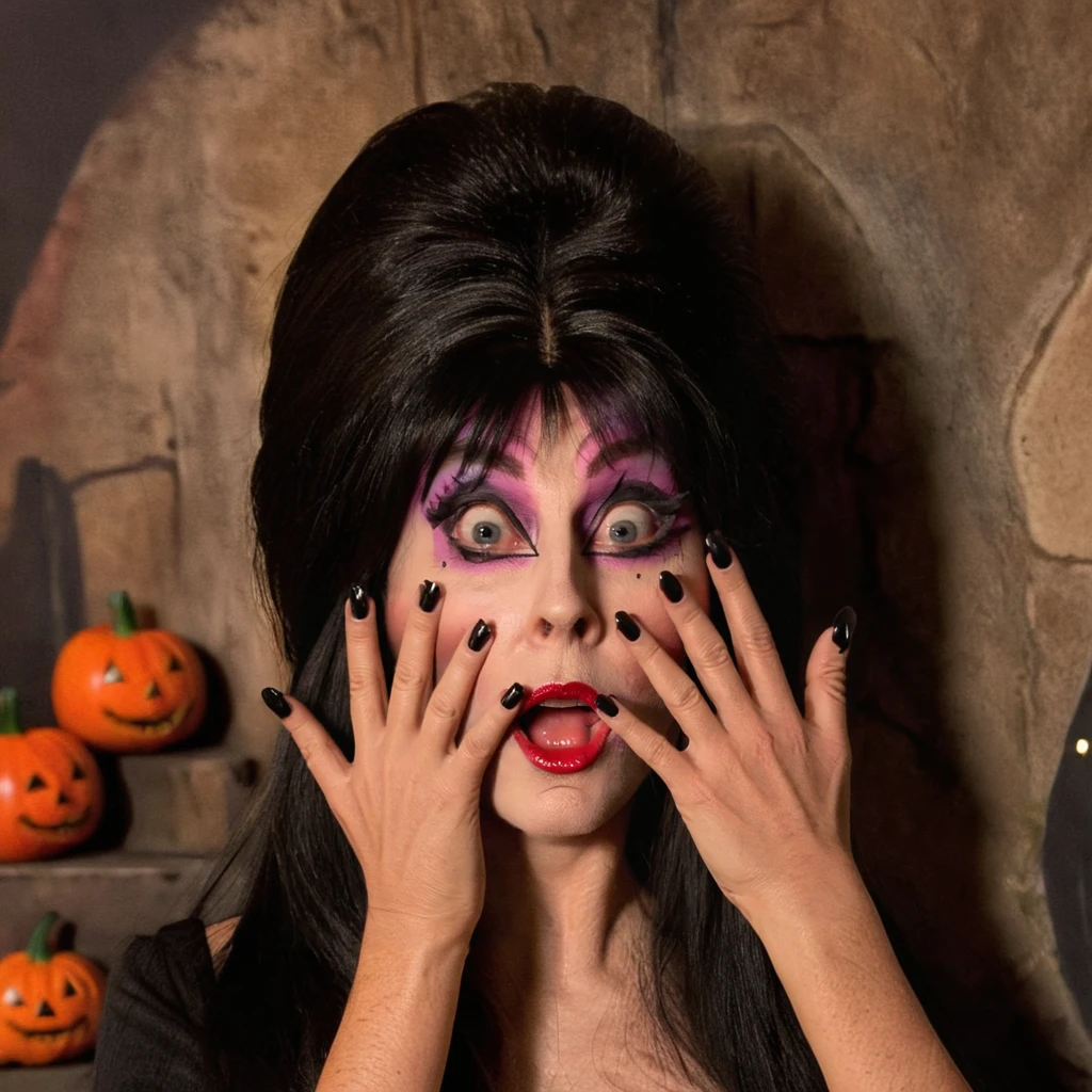 cinematic portrait 3lv1r4 woman ,sexy surprised,hand on face,Halloween party,decoration ,realistic, <lora:3lv1r4SDXLv2-000040:1>