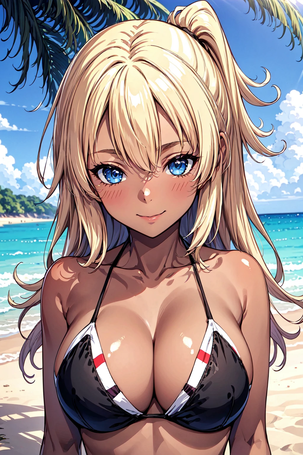 1girl, <lora:Mizuna_NaomiV2:0.7>, close up upper body, blue eyes, blonde hair, long hair, (hair tie:1.2), looks at the viewer, (masterpiece, best quality), sly smile, assertive, mischievous, skinny, tan, dark skin, large breasts, bikini, depth of field, ultra detailed, intricate details, official art, 32k, extremely detailed cg unity 8k wallpaper, high quality, highres, photoshop, outdoors, beach, blurred background