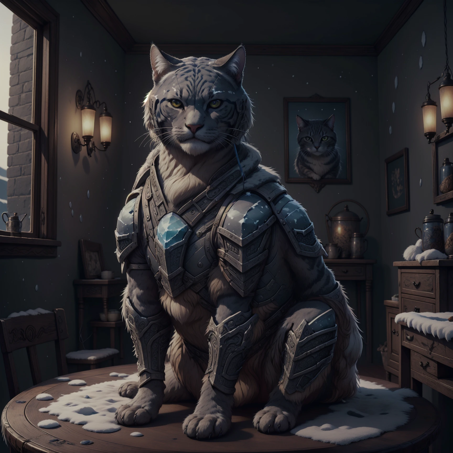 masterpiece, best quality, expressive eyes, absurdres, <lora:VikingWorld:1> vikingworld, cat, sitting on table,