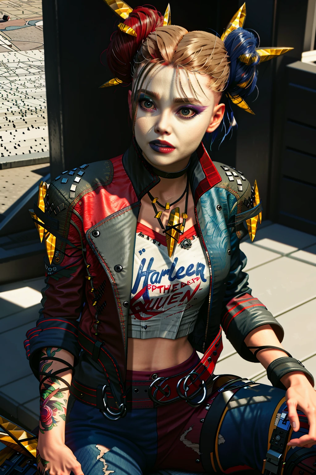 realistic, best quality, 8k uhd, dslr, soft lighting, high quality, <lora:HarleyQuinnSSKTJLv1.1:0.8> harleyquinnssktjlcrystal, 1girl, solo, double bun, jacket, red and blue outfit, jacket, tattoo, makeup, choker, midriff, crop top, makeup, boots, red and blue pants, jewelry, yellow crystals, necklace, sitting, frown,