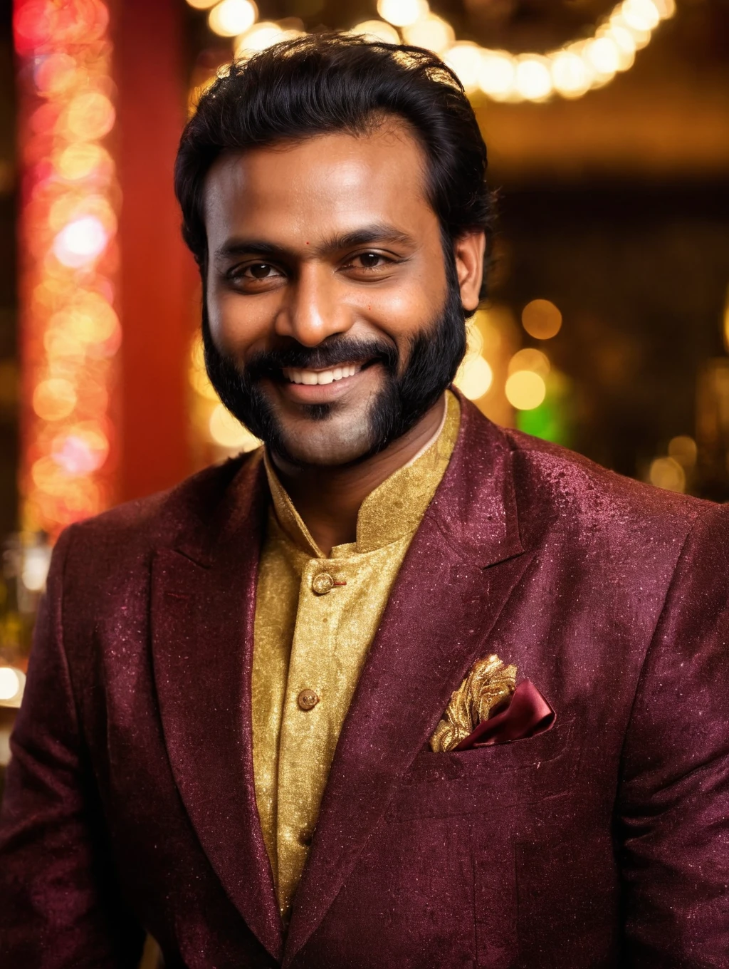 masterpiece bokeh photo, medium full body shot, indian man, dark skin, happy face<lora:A_Sideburns_Cut:1.1>a_sideburns_cut, side-burns, (mutton-chops:1.1), (bar background:1.2),
