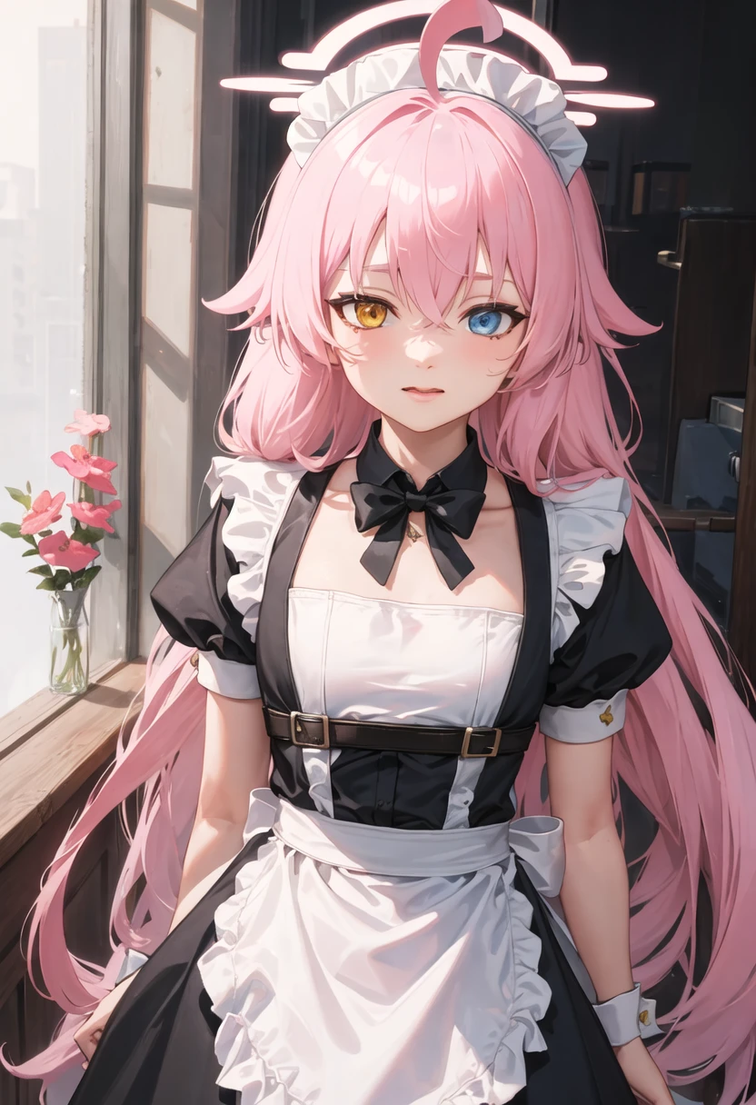 1girl, solo, maid dress, white pantyhose, (blush:1.2), <lora:akari watanabe by goofy ai:1> , akari watanabe, blue eyes, long hair, pink hair, twintail, double bun
