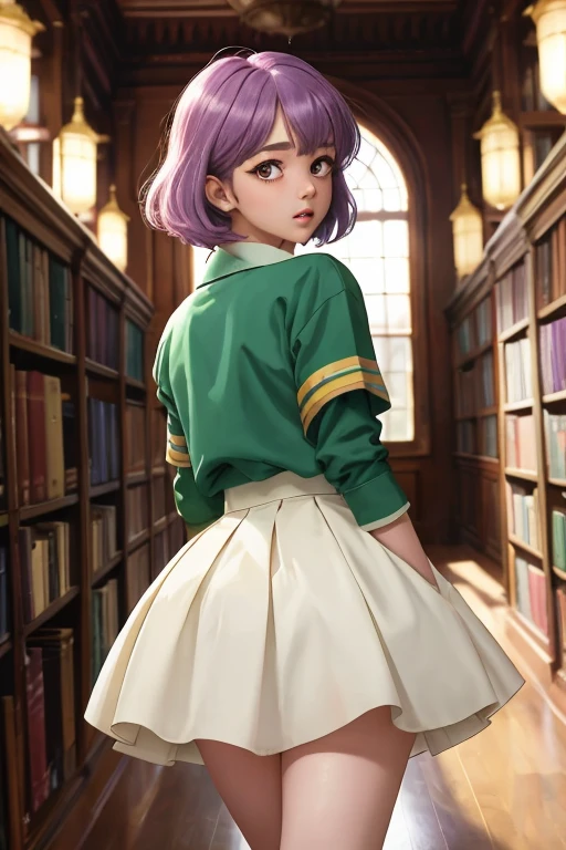 zrpgstyle, ut3na, purple hair, white outfit, hands behind back, elaborate, ornate, standing in an antique school library, (masterpiece:1.3) (best quality) (detailed) (8k) (HDR) (cinematic lighting) (sharp focus) (intricate) (foreshortening, blurred foreground:1.3)