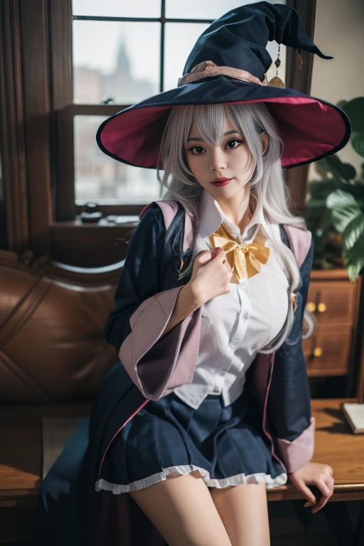 ltra-detailed,highly detailed,best quality,masterpiece,illustration,realistic,photorealistic,
elaina, witch, wizard, elaina \(majo no tabitabi\), cosplay, 1girl, solo, 
open robe, collared shirt, long sleeves, wide sleeves, pleated skirt, witch hat, bowtie, frilled skirt, boots, 
jewelry, badge, 
long hair, bangs, hair between eyes, grey hair, hair ribbon, hair bow, 
looking at viewer, cowboy shot, sitting, hand on own chest, 
indoors, window, day, 
 <lora:elaina_v1_06:0.7>