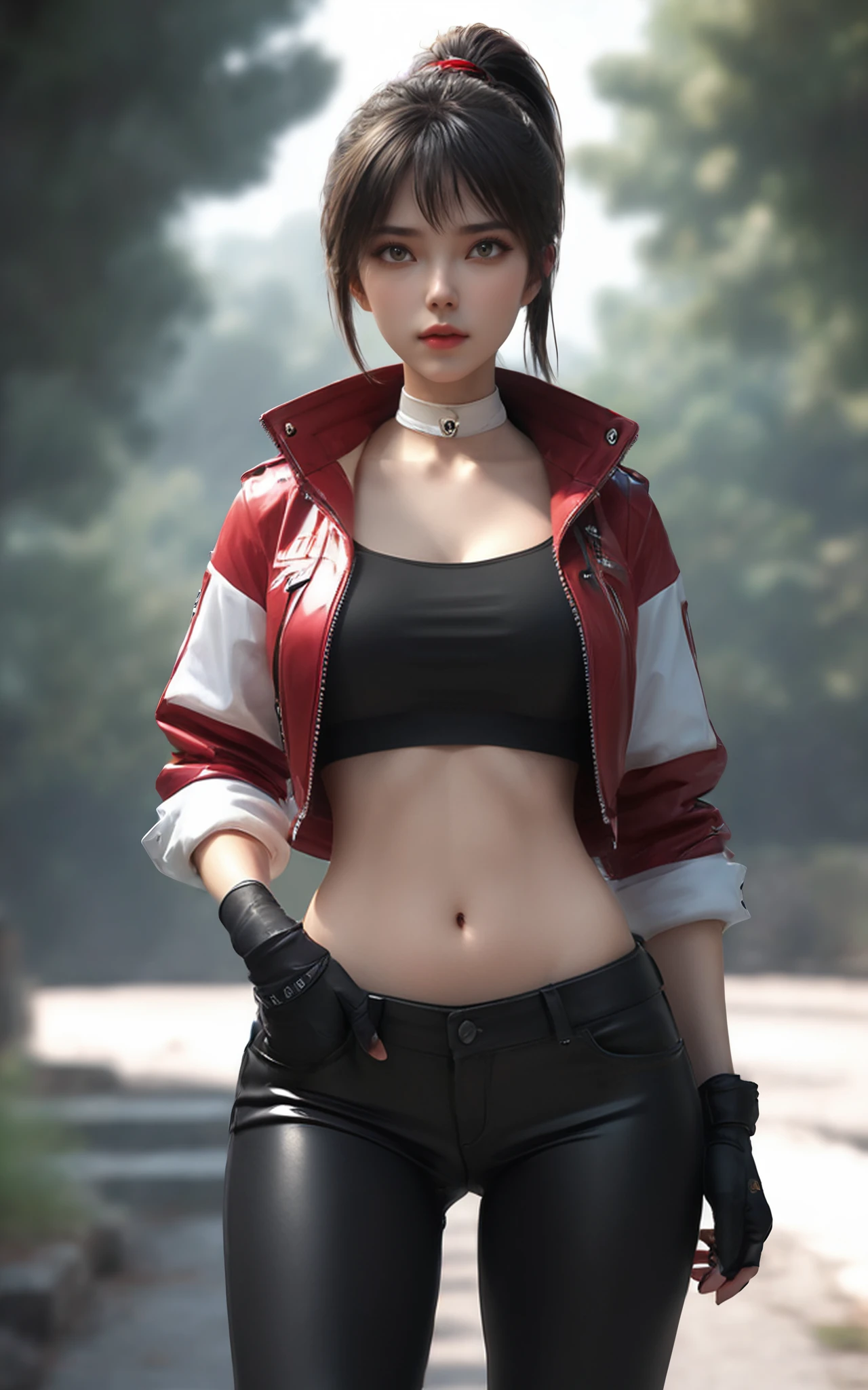 baiyuekui,solo,outdoors,full body,
((white choker,white sleeves)),ponytail,boots,fingerless gloves,(black crop top),black pants,red jacket,short jacket,
(((lowleg pants,ultra-low rise pants,long legs,slim legs,lower belly))),navel,midriff,stomach,large breasts,ultra narrow waist,wasp waist,wide hips,sexy,pose,sexy pose,
(photorealistic:1.4)(masterpiece,best quality,ultra detailed,highres,absurdres:1.2),
<lora:neg4all_bdsqlsz_xl_V7:1.4>,<lora:ybaiyuekui_V2:0.7>,