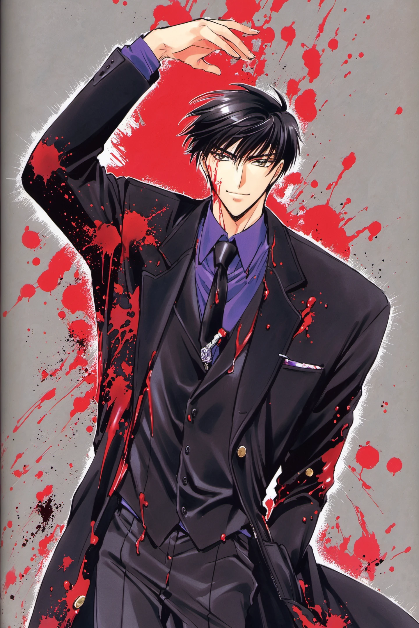 X,Seishiro Sakurazuka,1boy, blood, male focus, black hair, solo, necktie, hand in pocket, blood on clothes, coat, arm up, formal, black coat, suit, looking at viewer, blood on face, flower, smile, blood splatter, shirt, black necktie, <lora:X_XL:0.8>