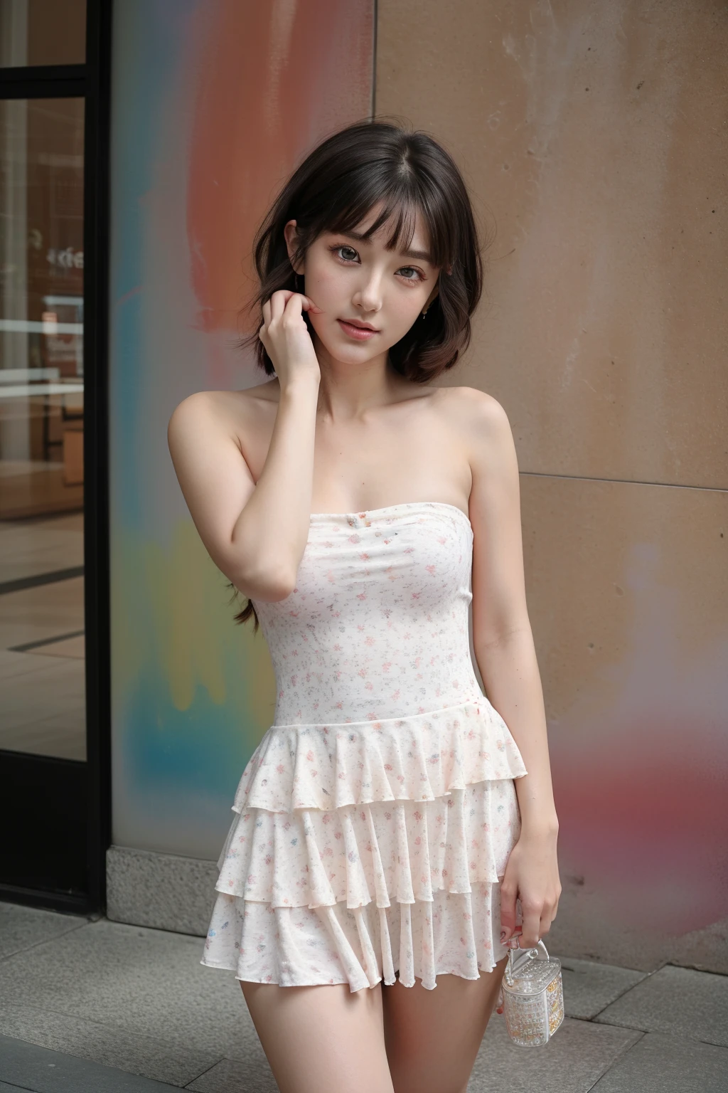 bzcdress ((1girl, Elegant posture)), Natural leg proportions, Sexy beautiful legs, correct, 解剖学correct, Visible cleavage, masterpiece, (best quality, high resolution, masterpiece:1.2), Extremely detailed, (Practical, photoPractical, photo-Practical:1.37), Official Art, CG, 解剖学上correct, Cool action，Long blond hair，Smile，Elegant posture, Seductive pose, Seductive expression, Sexual desire expression，Colorful color scheme，Trendy clothing，Columnar plaque background，Geometric pattern stitching background, Movie, photography, Intricate background, Soft lighting, Subtle shadows, Vibrant colors, Expressive eyes, Beautiful, high class boutique, Ambience, A moment of honesty, Natural expression, Detailed texture, Fine details, Refined and elegant, Exquisite style, Artistic Composition, Beautifully presented.