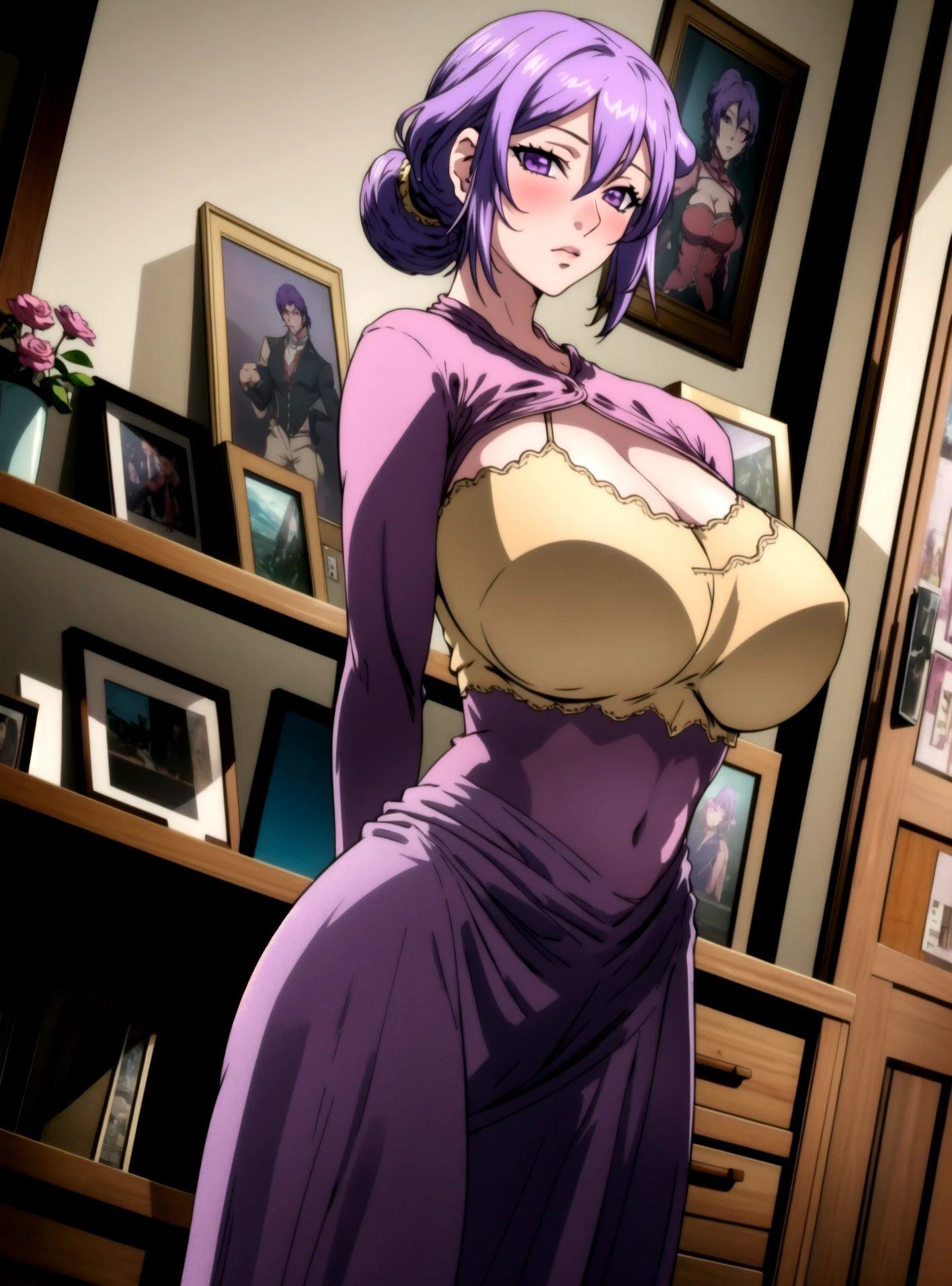 kusanagi motoko, anime style beautiful woman, get down on the bed， (tmasterpiece, Best quality at best:1.2), cow boy shot, Alone, 1个Giant Breast Girl, Highest high resolution，distinct_image）Best quality at best， woman， tmasterpiece， highly  detailed， Half realistic， Transparent  Oversized White T-Shirt，exposing her chest， shirt pulling， The collar is around the neck， inside in room， Modern bedroom， janelas， waking up， morning， Be red in the face，ghostalone，motoko_kusanagi，leotard，open jacket，fingerless gloves