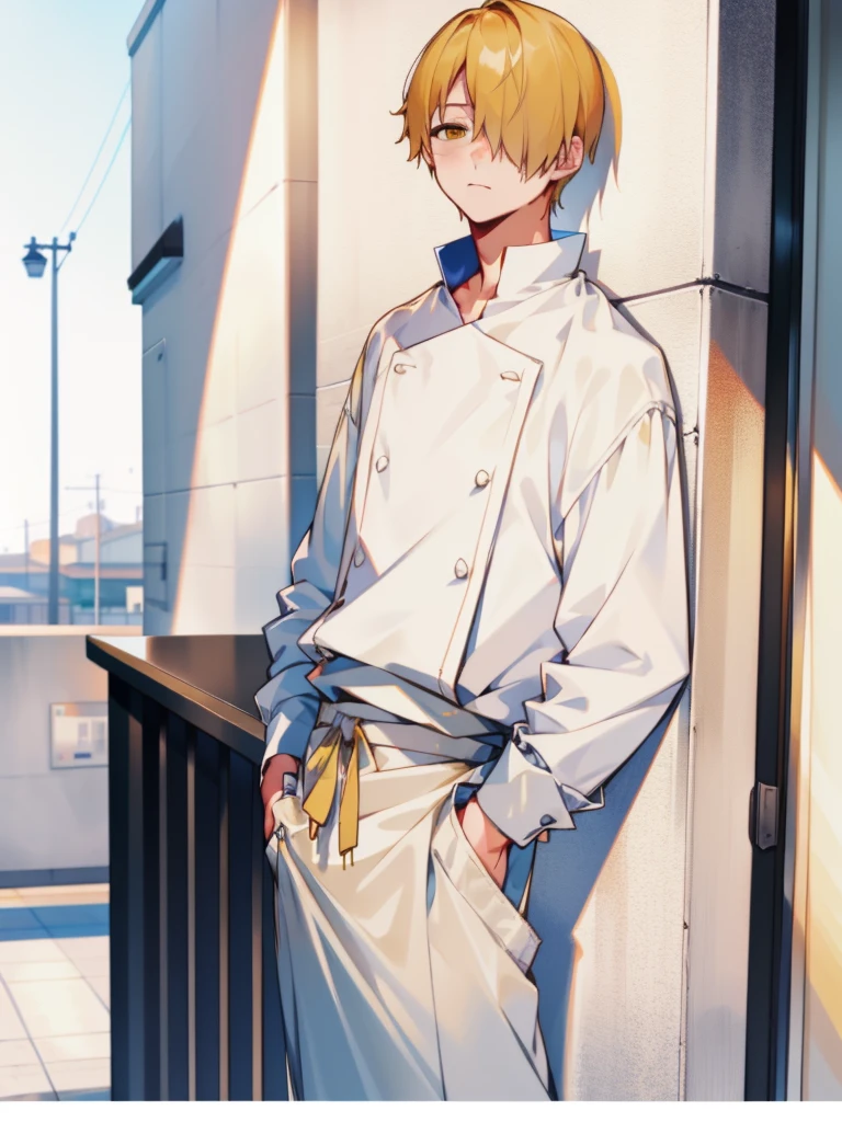 <lora:working-16:1>1boy, jun, blonde hair, short hair, hair over one eye, yellow eyes, chef, white shirt, long sleeves, buttons, white pants, white apron, against wall, outdoors, hand in pocket, masterpiece, best quality