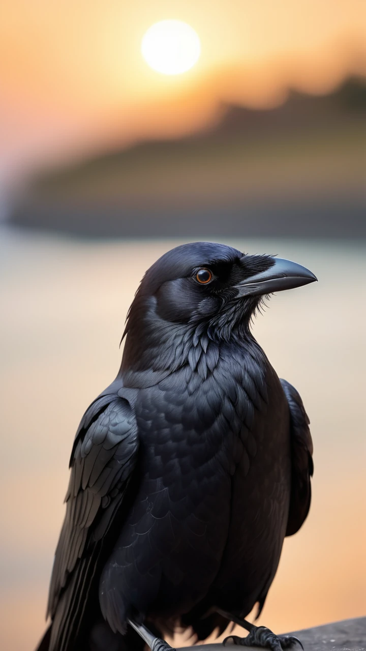 Picture a high-quality, close-up photograph capturing the enigmatic beauty of a crow's head in sharp detail. The crow's wise eyes are the focal point, deep and reflective, mirroring the entire world within their gaze. They hold an almost mystical quality, reflecting a miniature panorama of the surrounding landscape at sunset. The warm, golden hues of the fading sun bathe the scene, accentuating the intricate textures of the crow's feathers and adding a soft, ethereal glow to the image. The crow is looking directly into the camera, its gaze piercing and direct, creating an intense connection with the viewer. In its eyes, the faraway ocean and islands are glimpsed, subtly blurred in the background, enhancing the sense of depth and isolation. This image is framed with a careful balance of zoom and depth of field, ensuring the crowâs face is in sharp focus while the background fades into a dreamy bokeh, emphasizing the profound and solitary figure of the crow against the vastness of the world.
