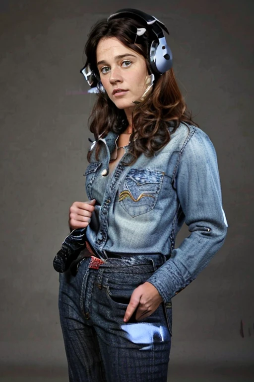 <lora:RT:1> 1girl, solo, realistic, r1873t, in a denim shirt is posing for a picture with her hands in her pockets and her hands in her pockets, 1girl, brown_hair, buttons, cowboy_shot, denim, headphones, jeans, jewelry, lips, long_hair, nose, pants, piercing, realistic, solo