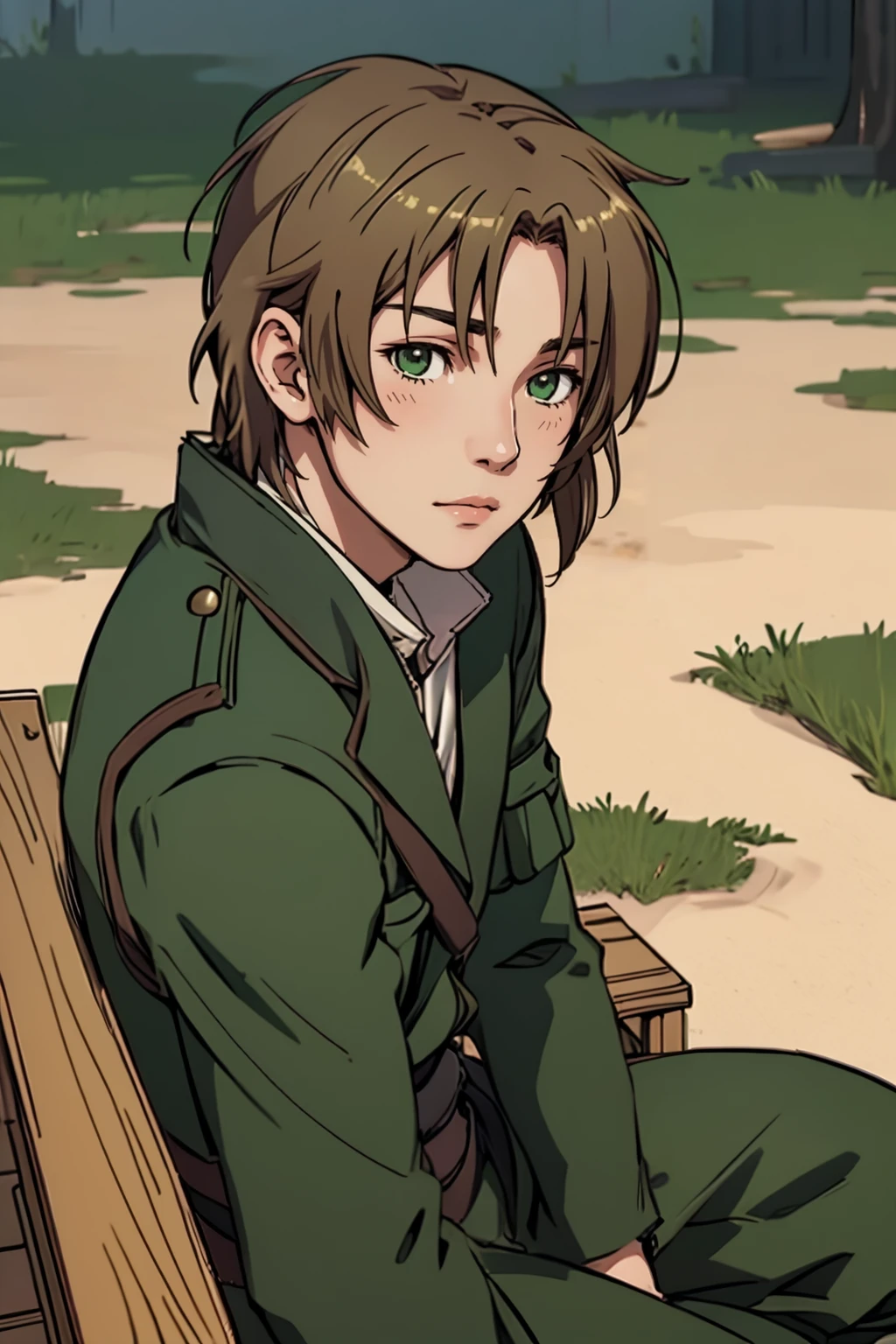 <lora:NSLithuaniaHetalia:1> NSLithHetalia, ultra detailed, sharp focus, best quality, masterpiece, 1boy, green military uniform, sitting, bench