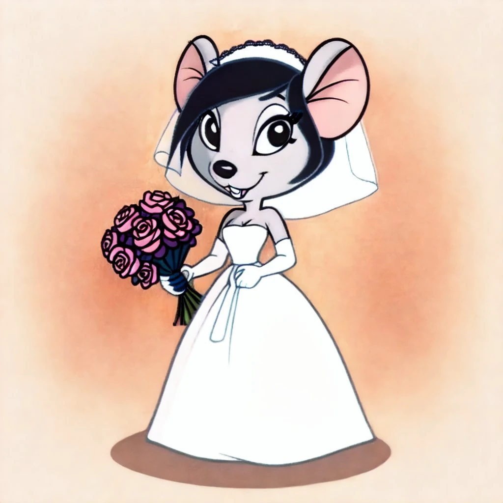 <lora:elsie_grabovski-50:0.7>
elsie_grabovski, female, 1girl, solo, masterpiece,
mouse, grey fur, black hair, black eyes, mouse tail, buckteeth,
wedding dress, holding red roses,