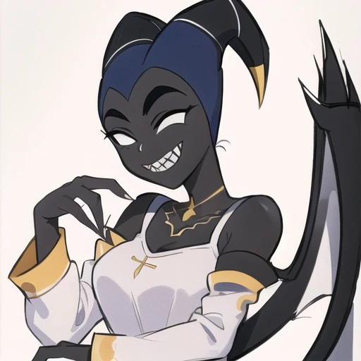 8k, masterpiece, <lora:lute:0.9>, lute, horns, colored skin, solo, 1girl, grey shirt, smile, black skin, symbol, sharp teeth
