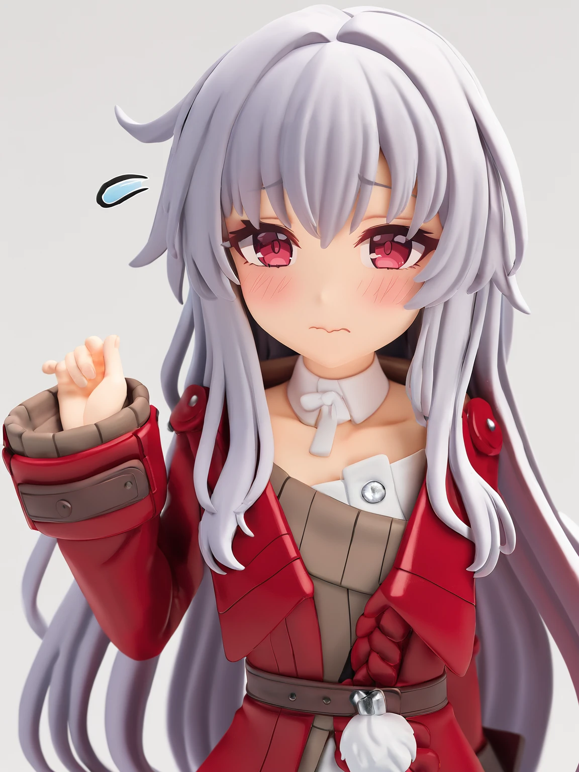 <lora:xl_pvc1.7-000004:1>,pvc,<lora:xl_clara_a3:1>'clara' is a girl with long white hair and red eyes, she is wearing the 'kelala' outfit which includes red coat brown sweater white shirt, 1girl, solo, white background, flying sweatdrops, blush, closed mouth, simple background, looking at viewer, hand up, upper body, grey bow, bow, sleeves past wrists, wavy mouth, collarbone, masterpiece, best quality,