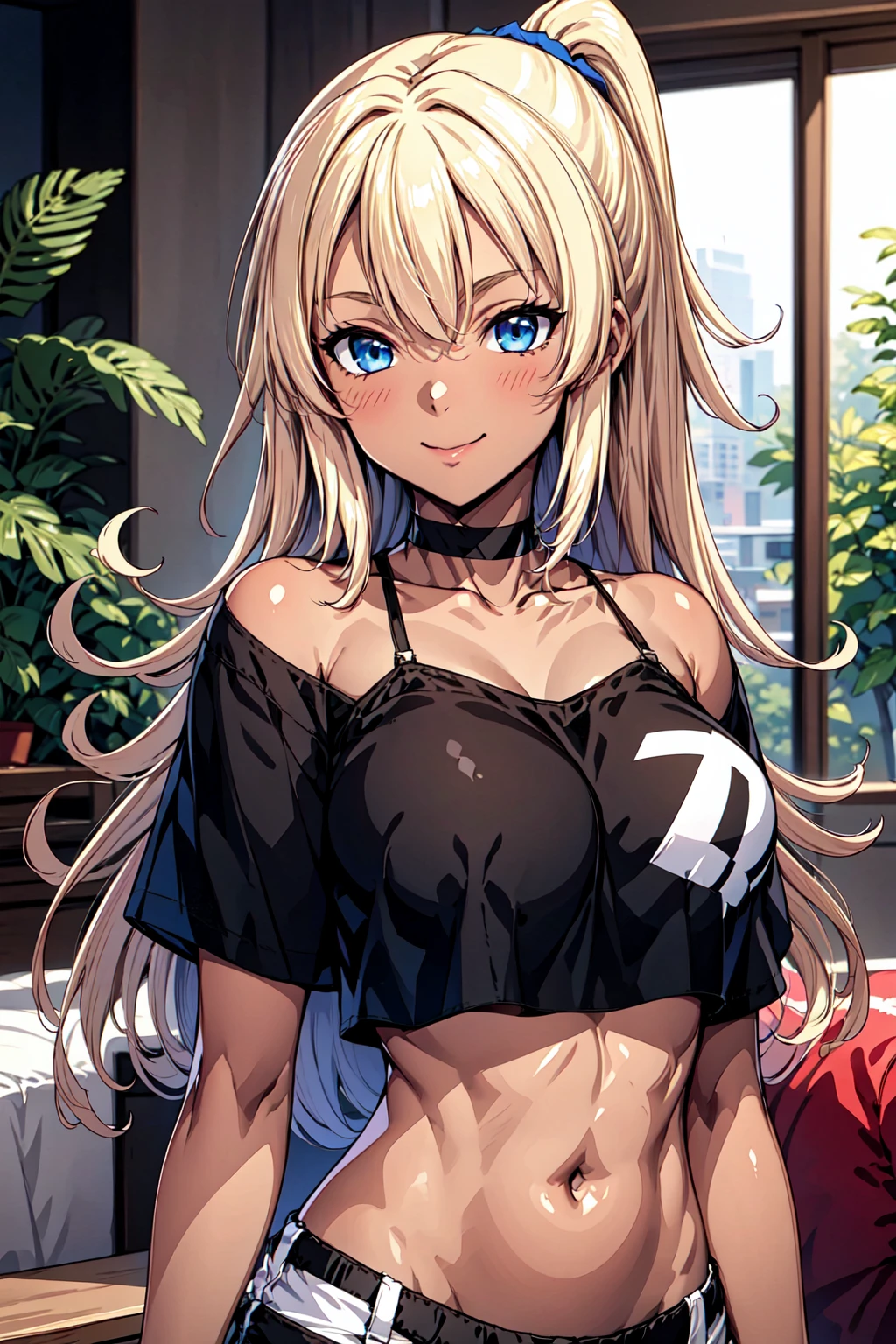1girl, <lora:Mizuna_NaomiV2:0.8>, upper body, blue eyes, blonde hair, long hair, (scrunchy:1.1), looks at the viewer, (masterpiece, best quality), sly smile, assertive, mischievous, skinny, tan, dark skin, large breasts, crop top, choker, depth of field, ultra detailed, intricate details, official art, 32k, extremely detailed cg unity 8k wallpaper, high quality, highres, photoshop, in a modern living room, plants, blurred background