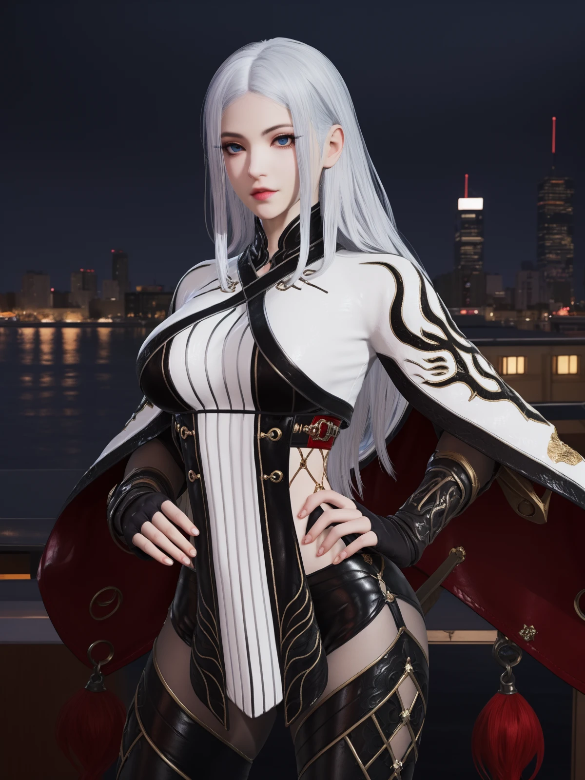 YJWJjiyingyingWCBF, 1girl, solo, long hair, fingerless gloves, blue eyes, lips, looking at viewer, white hair, breasts, capelet,dress,pantyhose, leather pants,thigh boots, <lora:YJWJjiyingyingWCBF:0.75>,cityscape, night,