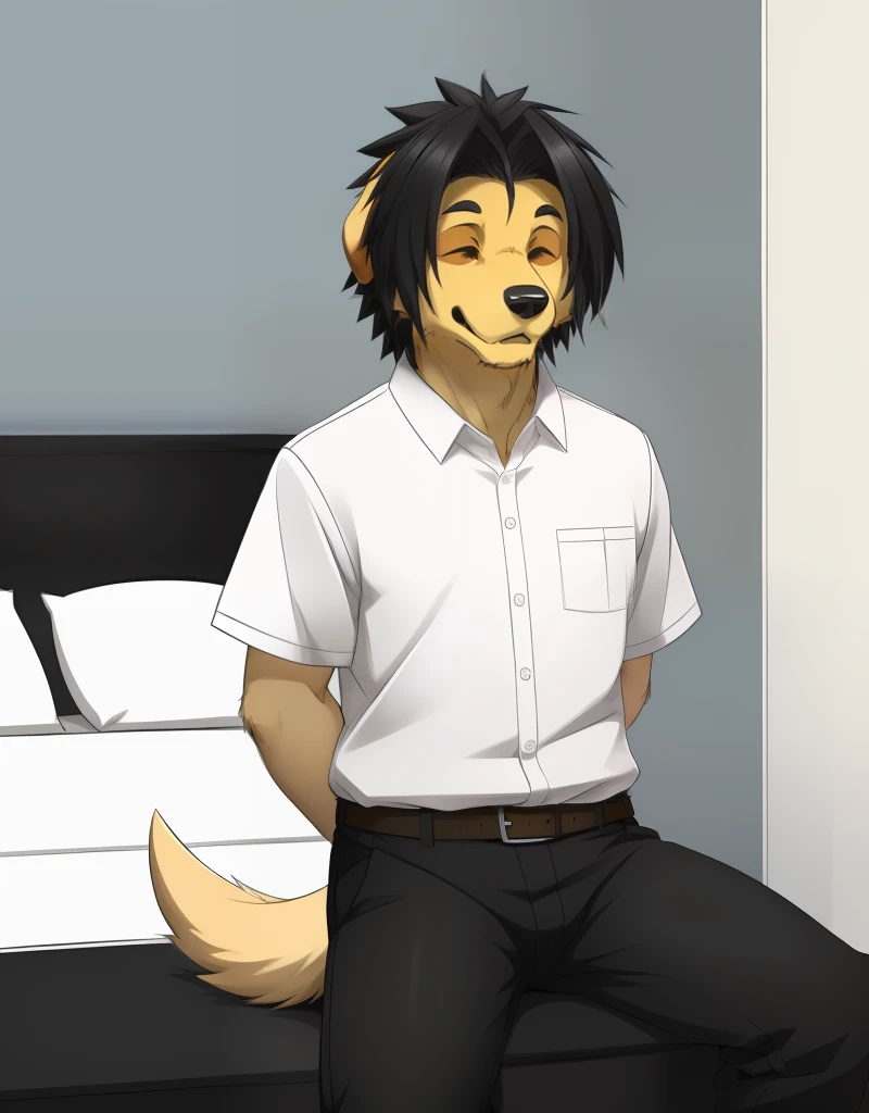 (((detailed eyes, detailed face))), (furry, kyouji <lora:character_kyouji_findigo_v3+1:1>, black hair, hair intakes, dog boy, snout, closed eyes:1.8, ^_^:1.8), male, (solo), (plump), (white shirt, black pants), sitting, (arms behind back), smile BREAK (konzaburou, ukan_muri, cute), bedroom, (flat shading, high brightness), 8k, UHD, masterpiece, (full body)
