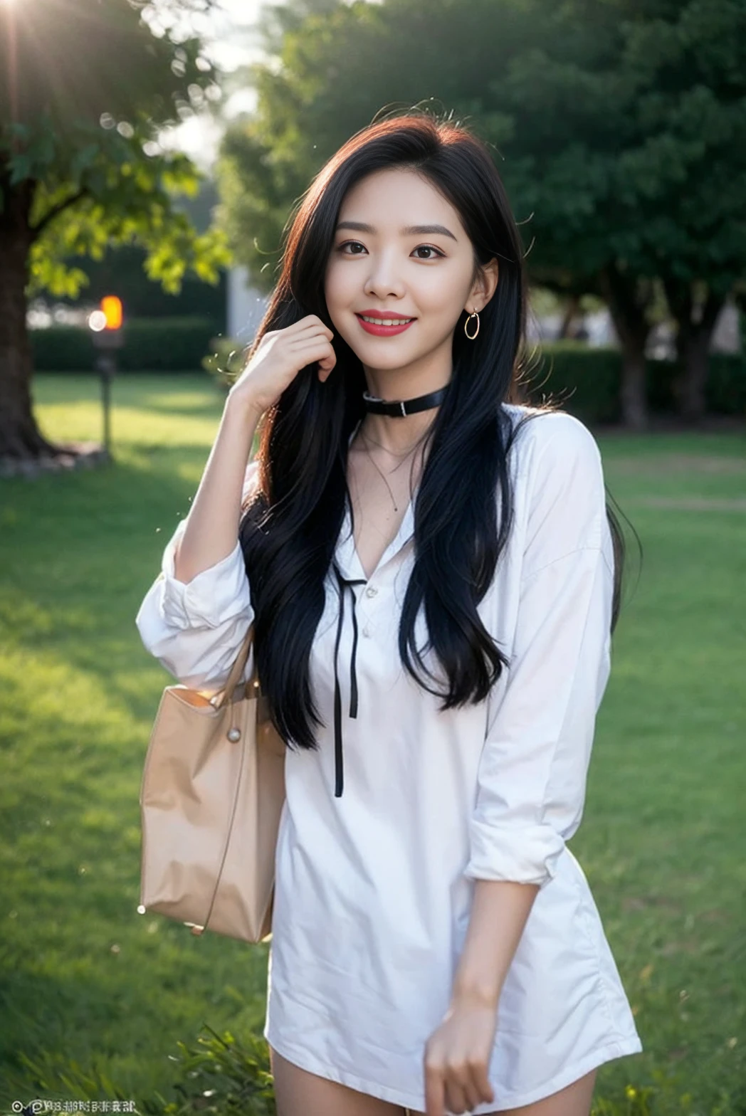 <lora:zhangruonan_v01:0.9>, 
 (8k, RAW photo, best quality, masterpiece:1.2), (realistic, photo-realistic:1.37), omertosa,1girl, blurry background,lake, sunlight,professional lighting, photon mapping, radiosity, physically-based rendering, backlight bokeh, blurry background, ((black choker)), red lips, office lady ,((lights shinning on the face))
head portrait
,
sunlight, ((outdoors)) ,((light shinning on the hair))
hoodie,navel-baring shirt,
((long hair)), ((floating hair)), black hair,straight hair, glowing hair,
135mm lens,,big breast,red lips,smile,((office suit))