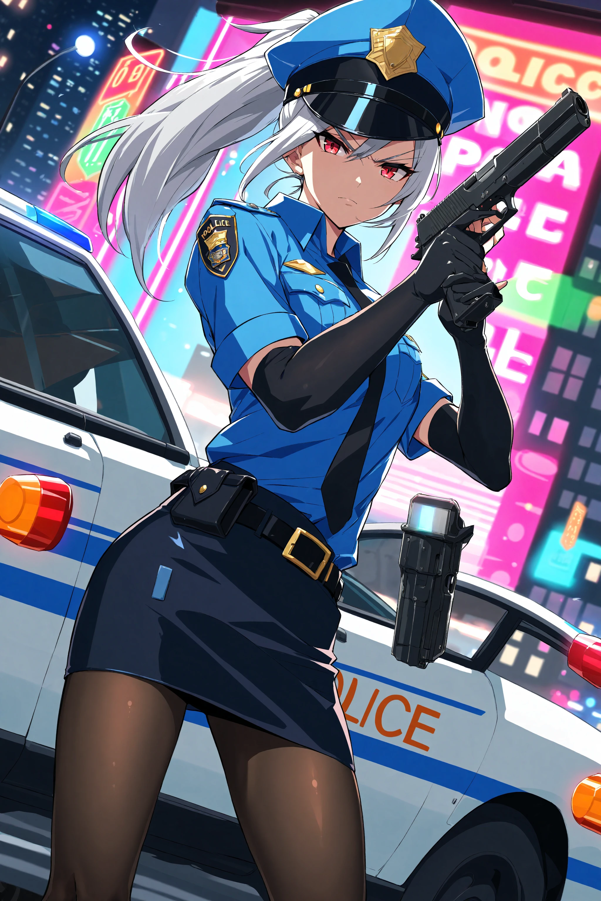 (holding handgun), pencil skirt, blue shirt, black belt,elbow gloves, pantyhose, police officer, white hair, red eyes, ponytail, peaked cap, badge, police car, city, lights, neon, serious