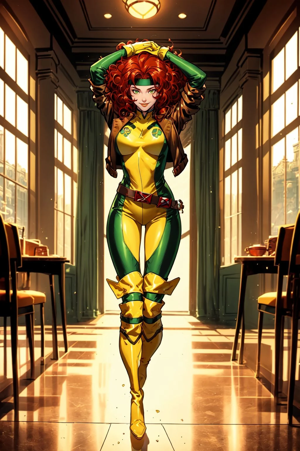 clsscrgedsk, 1girl, solo, smile, two tone hair, dyed bangs , white hair, red hair, brown hair, headband, curly hair, gloves, jacket, full body, yellow boots, belt, arms up, bodysuit, thigh boots, thigh gap, leather, yellow gloves, green bodysuit, yellow bodysuit, indoors, mansion, Xavier's school for gifted mutants, masterpiece, best quality , official art , <lora:Classic_Rogue:0.9>