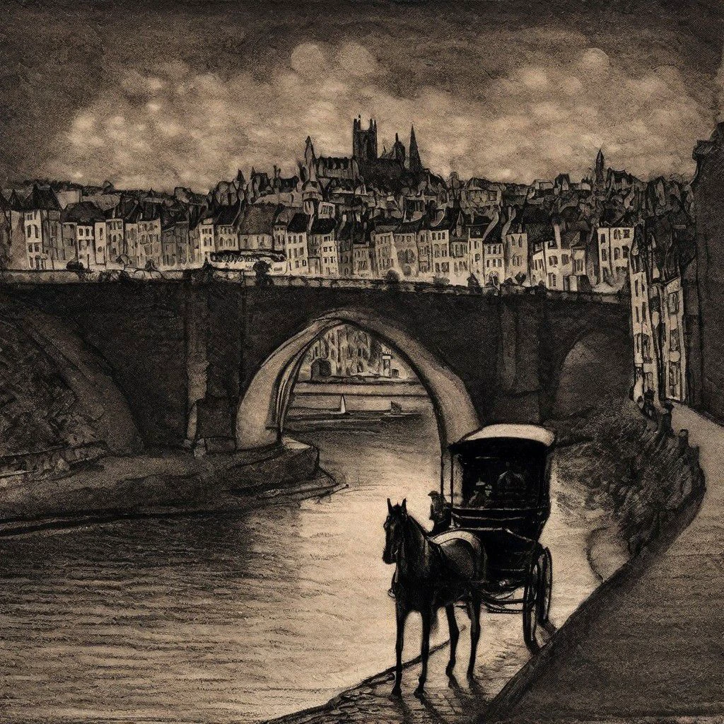 nighttime rough sketch of a cobblestone bridge over a tranquil river, with a horse-drawn carriage crossing and a cityscape in the background, detailed, black background, textured chalk shading