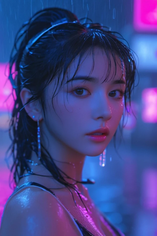 Cyberpunk,1girl,solo,rain,looking at viewer,blurry,black hair,long hair,blurry background,upper body,neon lights,lips,depth of field,earrings,bangs,wet,nose,from side,jewelry,tank top,realistic,outdoors,looking to the side,closed mouth,bare shoulders,night,wet hair,ponytail,
<lora:cybepunk:0.8>,