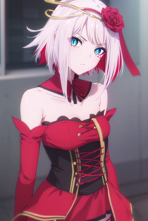 taktopdestiny, <lora:taktop destiny s1-henshin-lora-nochekaiser:1>,
destiny, short hair, hair ornament, flower, white hair, red hair, multicolored hair, hair flower, rose, colored skin, facial mark, red flower, red rose, thorns,
BREAK thighhighs, dress, bare shoulders, detached sleeves, black thighhighs, zettai ryouiki, strapless, detached collar, red dress, corset, red sleeves,
BREAK outdoors,
BREAK looking at viewer, (cowboy shot:1.5),
BREAK <lyco:GoodHands-beta2:1>, (masterpiece:1.2), best quality, high resolution, unity 8k wallpaper, (illustration:0.8), (beautiful detailed eyes:1.6), extremely detailed face, perfect lighting, extremely detailed CG, (perfect hands, perfect anatomy),