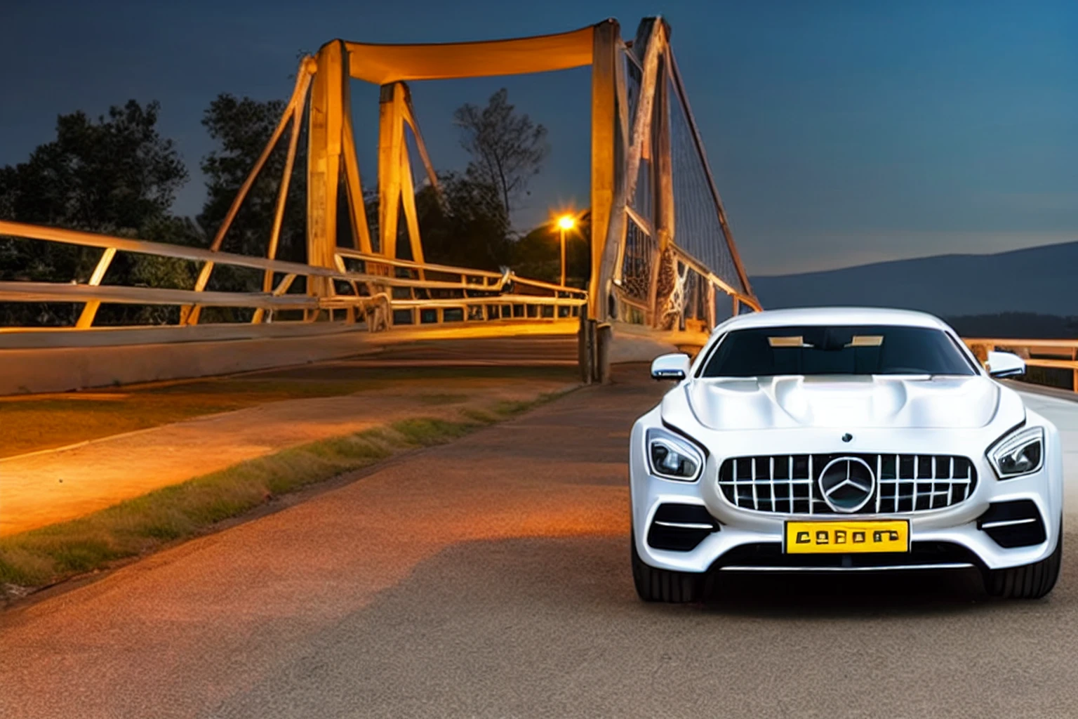 amggt,white car,no humans,<lora:amggt_20240204182908-000001:0.8>,front view,(bridge:1.2),night sky,