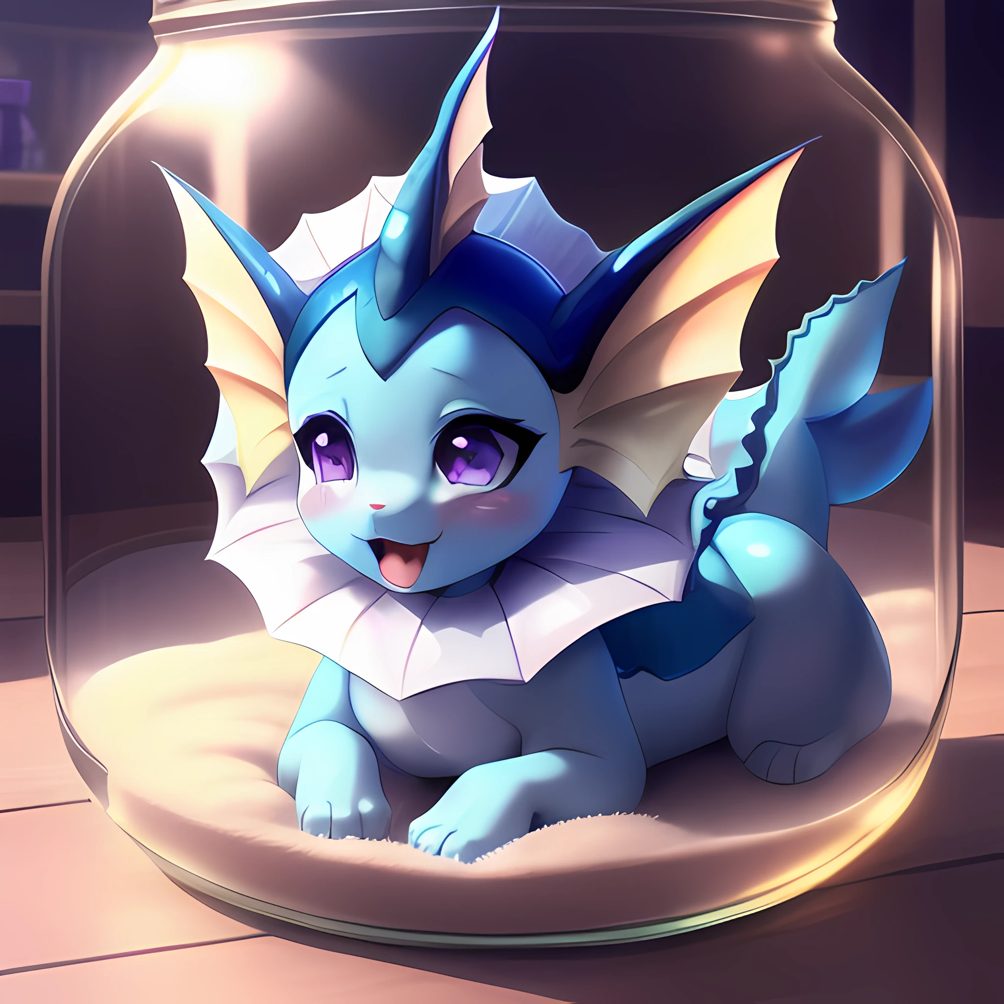 (vaporeon), in glass jar, shrunken, purple eyes, only one tail, blush, paws, ahegao, looking happy, (best quality, shaded, extreme detail, highly detailed, ultradetailed, intricate, anime:0.9524), <lora:eevee_test:0.8>