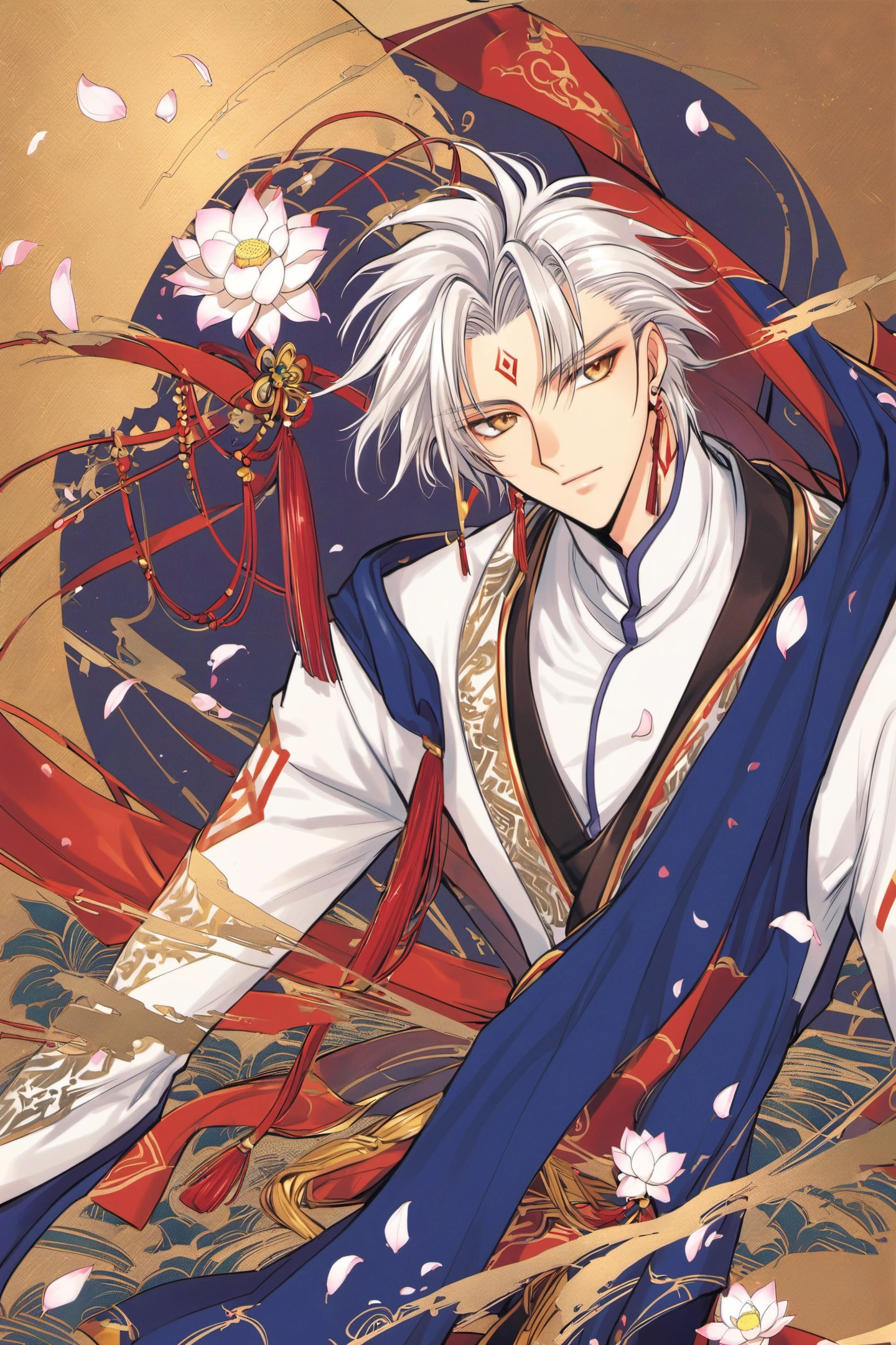 X,1boy,Nataku, male focus, solo, flower, jewelry, earrings, facial mark, forehead mark, lotus, white hair, petals, long sleeves, yellow eyes, tassel, brown eyes, bishounen, <lora:X_XL:0.8>