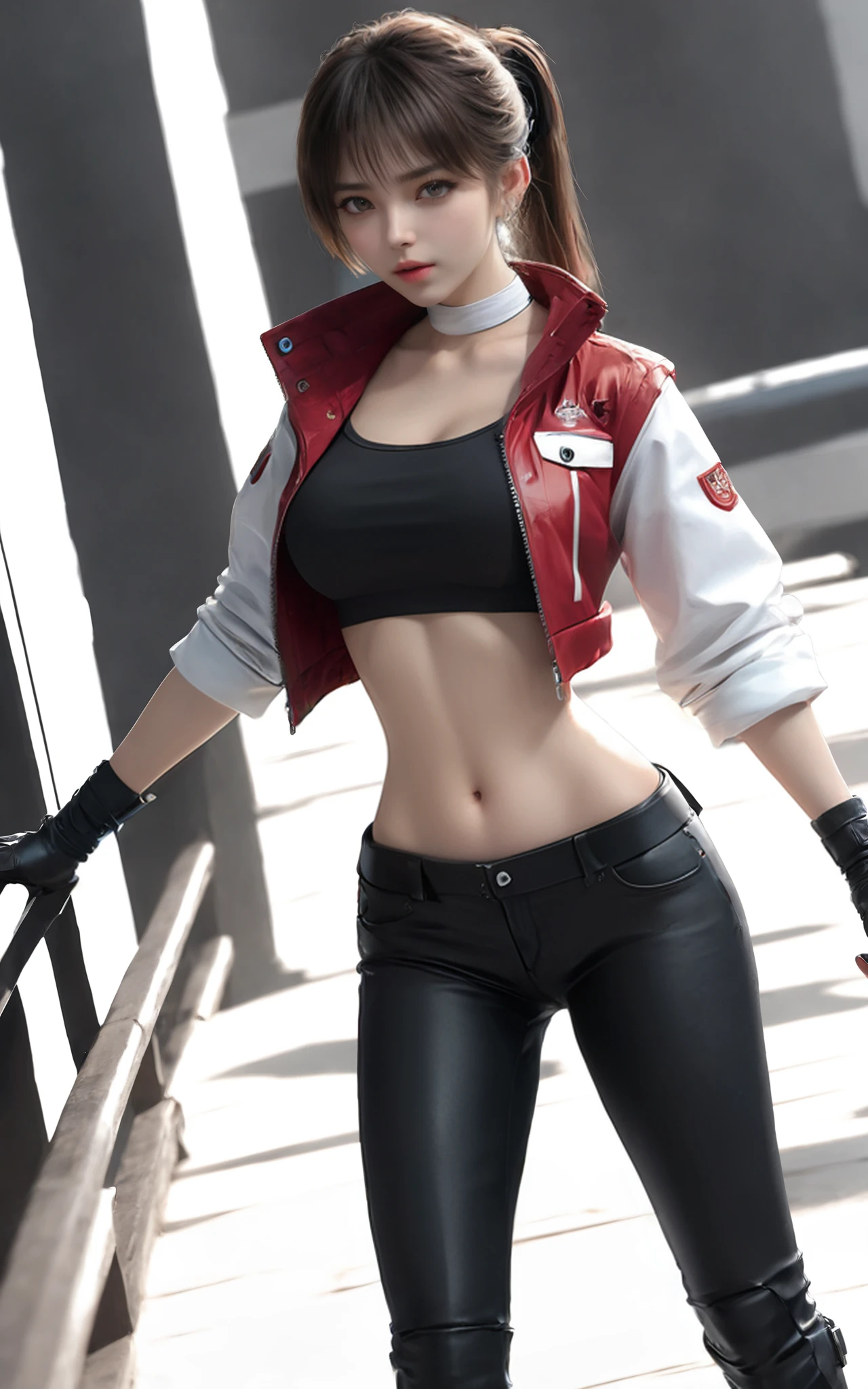 baiyuekui,solo,outdoors,full body,looking at viewer,sexy,pose,sexy pose,
((white choker,white sleeves)),ponytail,boots,fingerless gloves,(black crop top),black pants,red jacket,short jacket,
(((lowleg pants,ultra-low rise pants,long legs,slim legs,lower belly))),navel,midriff,stomach,large breasts,ultra narrow waist,wasp waist,wide hips,
(photorealistic:1.4)(masterpiece,best quality,ultra detailed,highres,absurdres:1.2),
<lora:neg4all_bdsqlsz_xl_V7:1.4>,<lora:ybaiyuekui_V2:0.65>,