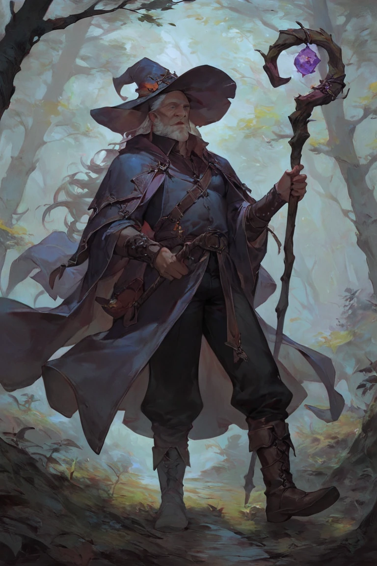 score_9, score_8_up, score_7_up, wizard, old, 1boy, old man, male focus, hat, beard, solo, staff, witch hat, facial hair, forest, nature, robe, long hair, looking at viewer, tree, holding, white hair, outdoors, holding staff, boots <lora:Concept Art Twilight Style SDXL_LoRA_Pony Diffusion V6 XL:1>