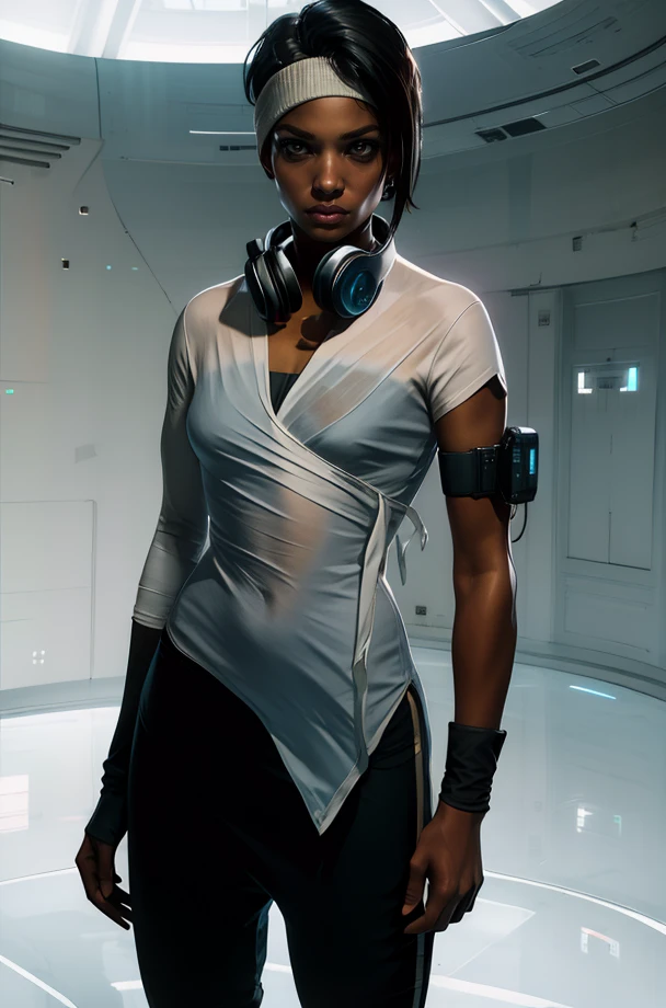 plastic,brown eyes,black hair,short hair,
white shirt,single forearm glove,headband,headphones around neck,
black pants, standing, 
science fiction,white room,tech,
(insanely detailed, masterpiece, best quality),solo,<lora:plastic:0.8>,