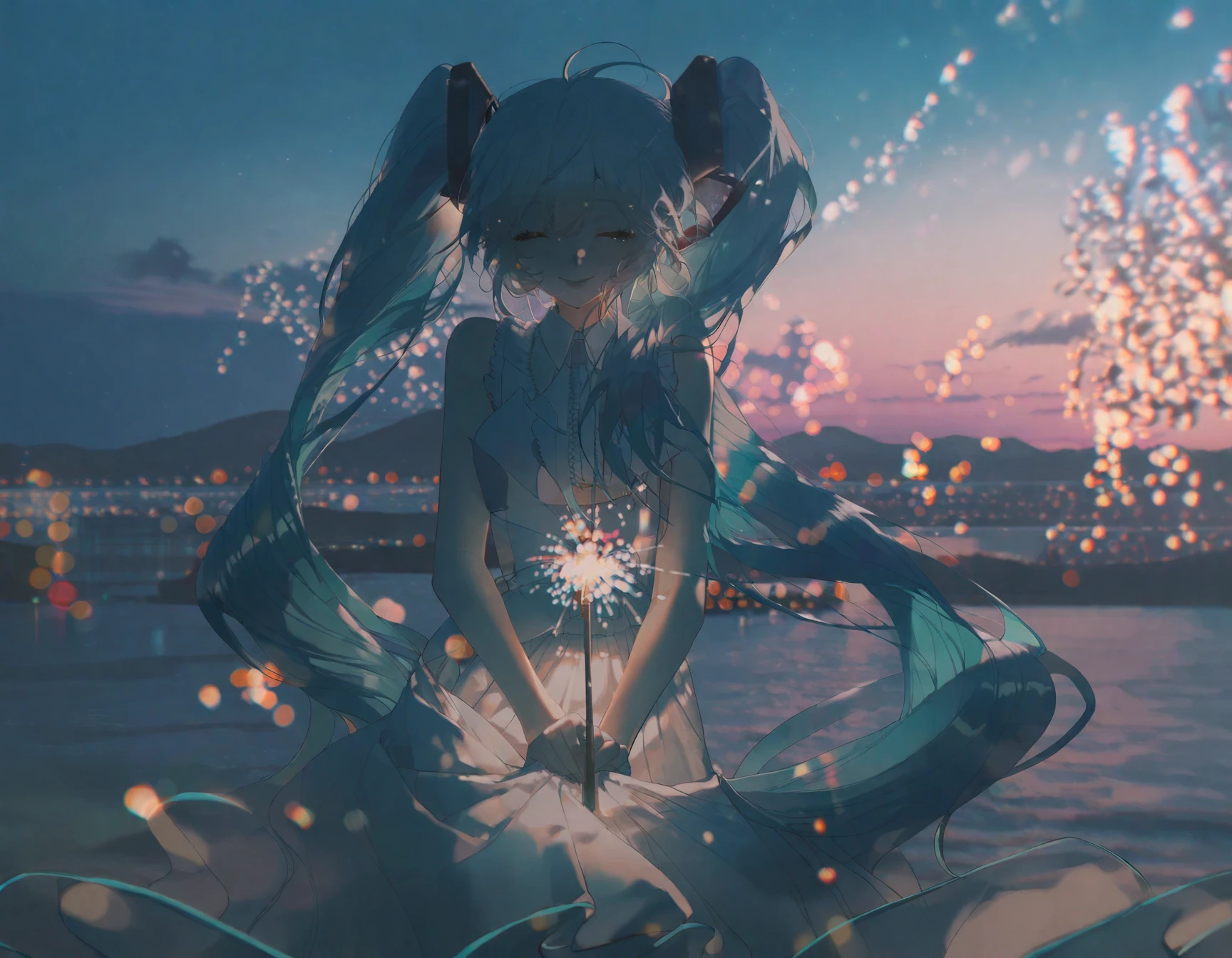 detailed, aesthetic, beautiful, beautiful color, amazing quality, best quality, hatsune miku, 1girl, solo, long hair, smile, bangs, dress, bare shoulders, twintails, very long hair, blue hair, standing, closed eyes, outdoors, sky, sleeveless, white dress, blurry, blue sky, bare arms, eyelashes, night, sleeveless dress, depth of field, blurry background, night sky, facing viewer, light particles, backlighting, blue theme, skirt hold, horizon, fireworks, bokeh, city lights, sparkler, <lora:KonyaKarasue:1>