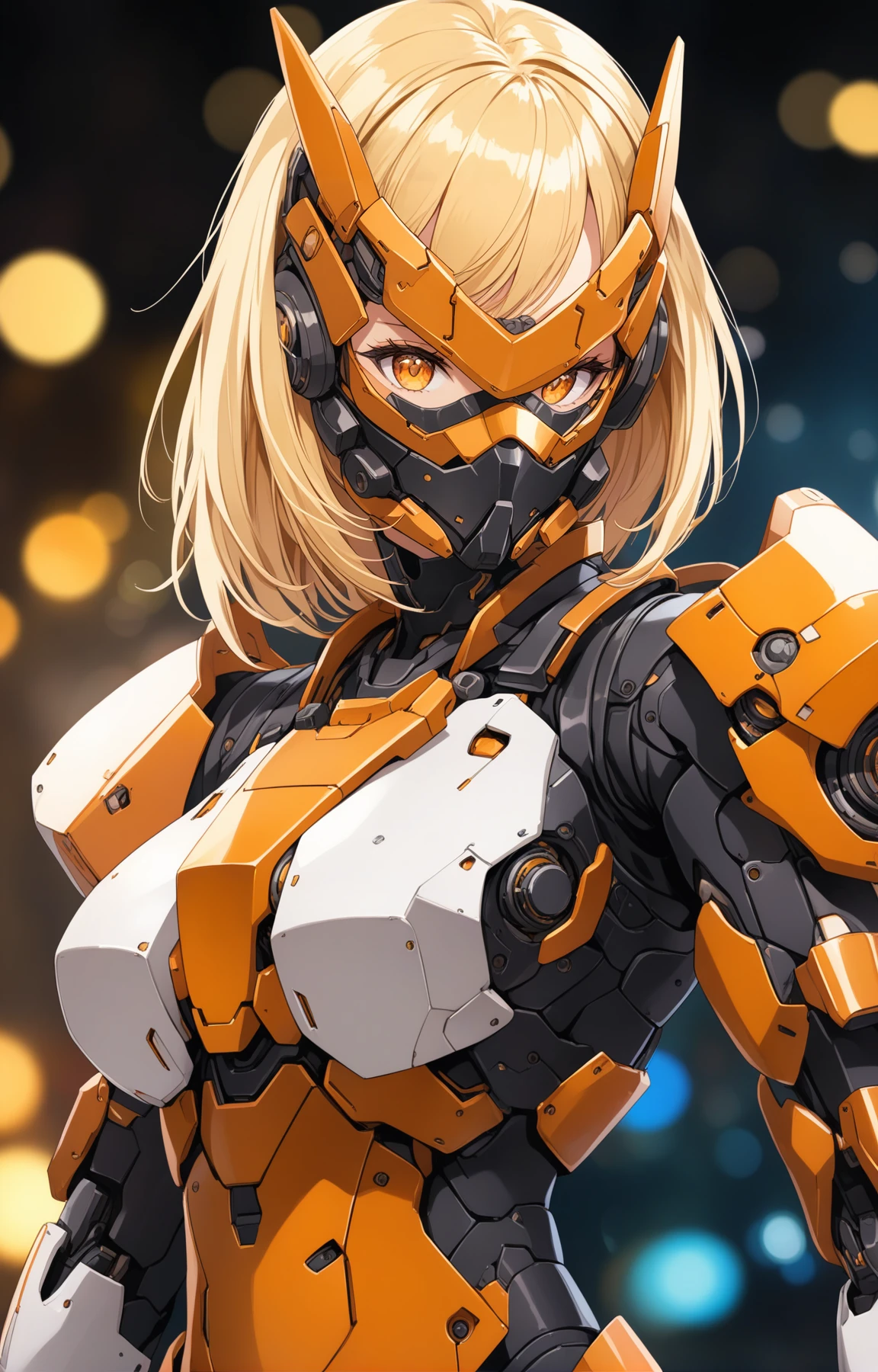 1girl, mecha suit, samurai face mask, menpo, upper body, underboob, portrait, white orange armor, blonde shimmering hair, 8K, RAW, best quality, masterpiece, ultra high res, colorful, (medium wide shot), (dynamic perspective), sharp focus , (depth of field, bokeh:1.3), extremely detailed eyes and face, beautiful detailed eyes,large breasts,black gold, trimmed gear,In a futuristic weapons factory, ((masterpiece, best quality)), niji, from side, upper body, hips