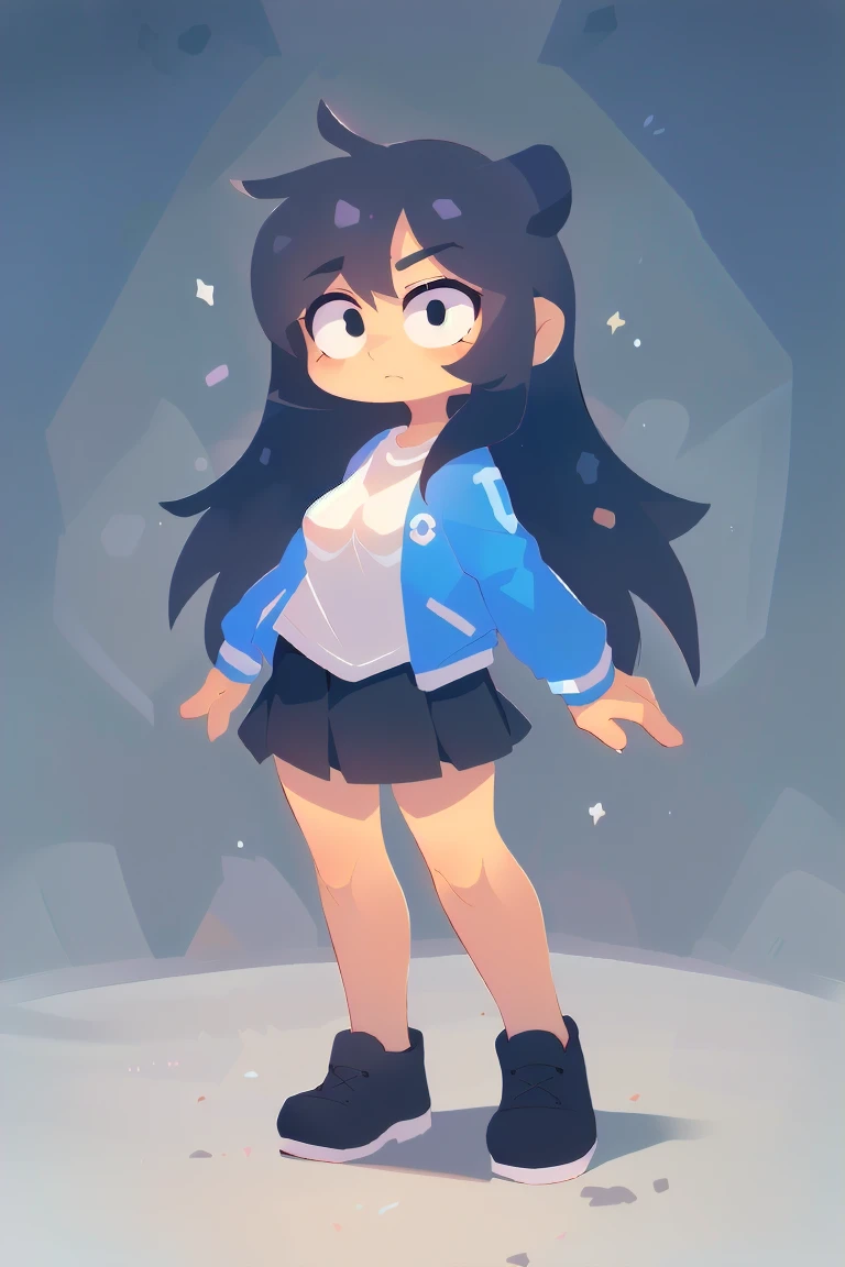(best quality, masterpiece, hires), <lora:Marco_-_Marco_and_the_Galaxy_Dragon:0.8>, marcotoon, 1girl, blue jacket, black hair, long hair, full body, skirt, white t-shirt, dot eyes, black eyes, <lora:hyperrefiner_v090:0.8>