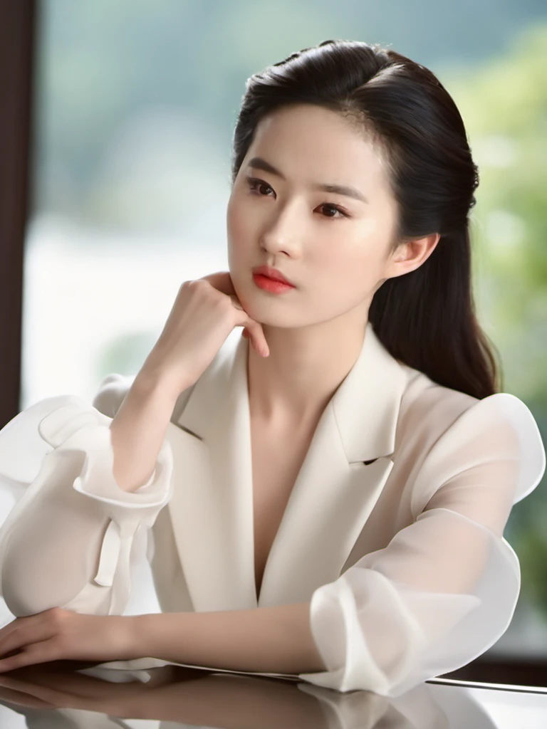 liuyifei <lora:liuyifei_dragon_XL_8-000006:0.6>, office suit skirt,cowboy shot, clear skin, natural makeup, subtle lipstick, serene expression, framing face with hands, delicate pose, studio lighting, high-resolution image, fashion accessories, skincare advertisement aesthetic, youthful appearance, elegance, simplicity in composition, portrait orientation.,