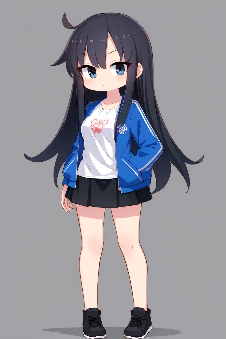 (best quality, masterpiece, hires), <lora:Marco_-_Marco_and_the_Galaxy_Dragon:0.8>, marcotoon, 1girl, blue jacket, black hair, long hair, full body, skirt, white t-shirt, dot eyes,black eyes, <lora:hyperrefiner_v090:0.8>